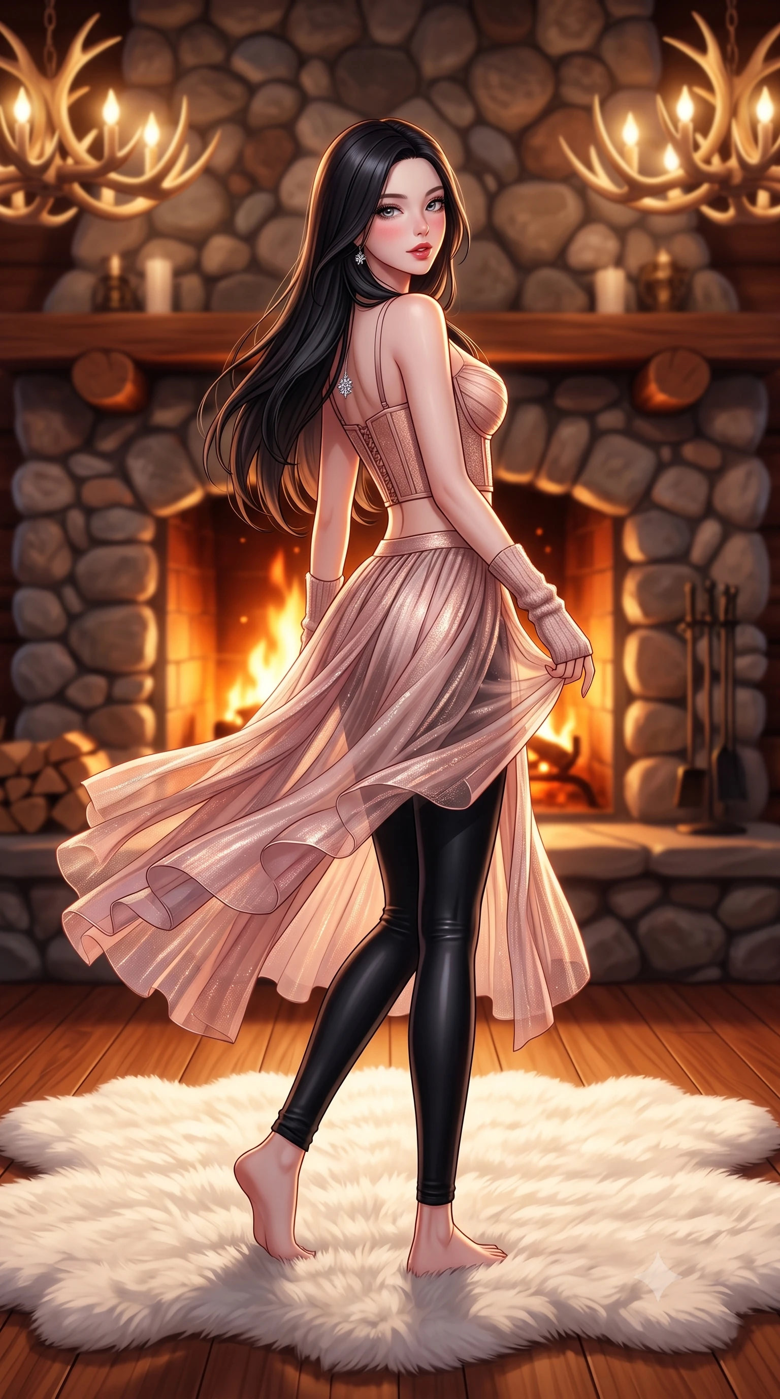 score_9, masterpiece, best quality, ultra-detailed, high-budget anime keyframe, semi-realistic 3D game render, editorial fashion photography, tasteful artistic composition, Korean woman. low angle full-body shot from head to toe showing her feet, filling the entire 9:16 vertical frame with her statuesque presence, stretching her vertical silhouette. executing a cheerful mid-motion pivot turn as her winter skirt flutters around her slender legs, glancing over her shoulder with an intoxicating, teasing bedroom-gaze while sitting on an oversized white sheepskin rug before the roaring two-story river-rock fireplace, arching her lower back with cozy yet devastating sensual allure. The composition keeps background elements in soft focus with dreamy creamy bokeh. roaring orange fireplace embers and glowing antler chandeliers softened in opulent Rocky Mountain shallow focus. She has an exceptionally tall and slender model-like 8.5-heads proportion, an ultra-slim waist, a flat toned midriff, narrow delicate ribcage, and beautifully sculpted feminine hips creating a graceful, slim hourglass silhouette without any bulky heaviness, with impossibly long slender legs. sharp v-shaped jawline, high-bridge nose, sparkling ice-crystal eyes with depth, frosty thick lashes, glossy parted lips with a rosy berry sheen, bright playful smile with an intoxicating seductive glint, rosy flushed cheeks radiating cozy warmth and dangerous allure, flawlessly proportioned anatomical accuracy, strict slender model proportions, natural body alignment, perfectly sculpted long slender limbs, ultra-slim waistline, clean dynamic posture without body distortion. wearing sleek black liquid-look thermal leggings paired with a cropped structured corset top in soft blush pink and rose-gold metallic shimmer, woven from layered gossamer chiffon with ethereal weightless flutter, featuring elegant fingerless knit wrist warmers and a dainty silver snowflake pendant, the glove-like silhouette tightly following the natural contour of her hips and long slender legs with youthful 8.5-heads elegance. bathed in dynamic, dancing amber and orange firelight from the monumental hearth. highly saturated vibrant anime colors, detailed shading with soft gradients, rich glossy textures, high-contrast stereoscopic depth, volumetric dynamic lighting, master piece, 9:16 ratio