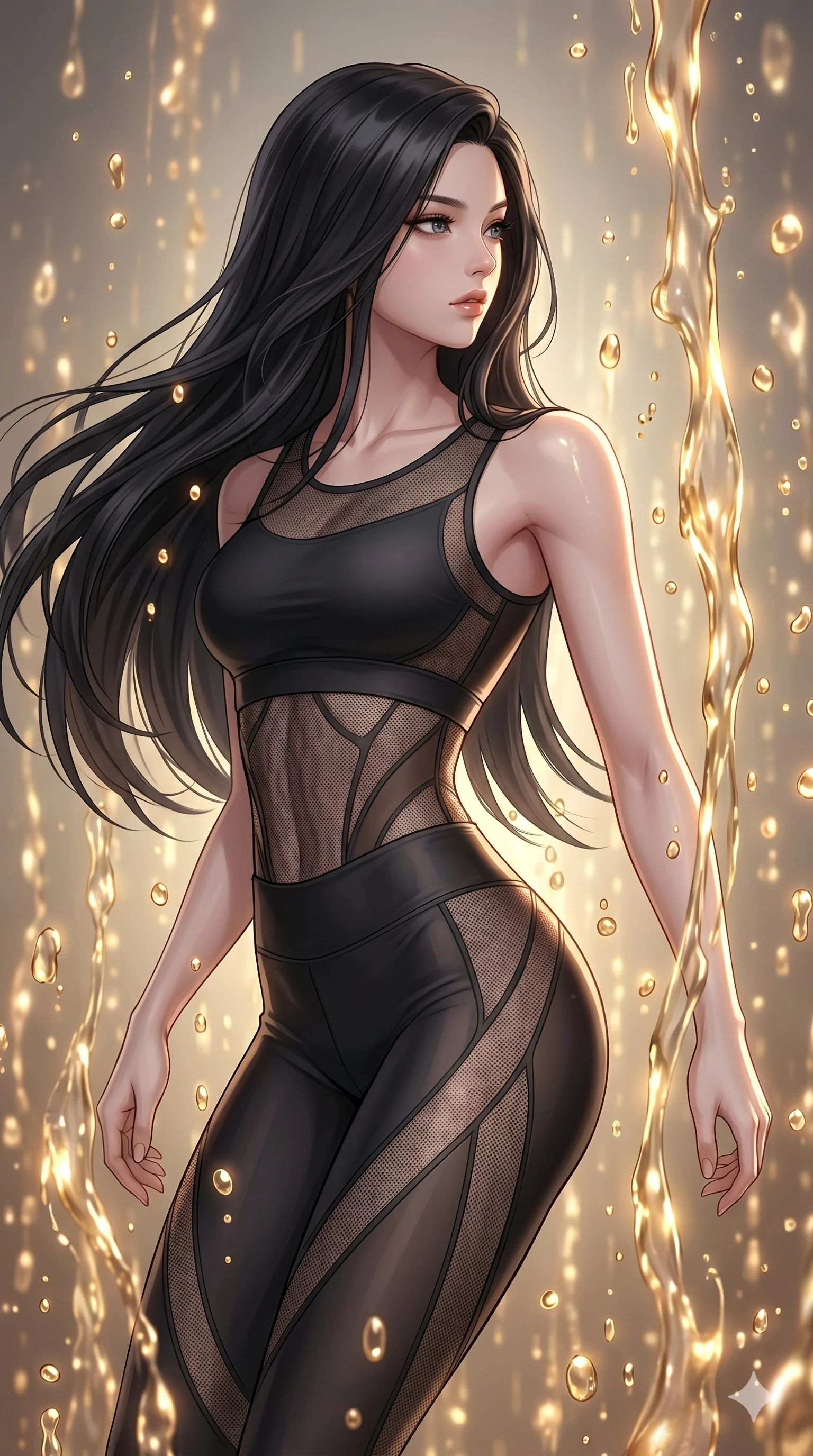 score_9, masterpiece, best quality, ultra-detailed, high-budget anime keyframe, Korean woman. upper body close-up from the thighs up, character filling the screen for maximum presence. dodging ethereal liquid gold rain that rises upward from the ground in warm shimmering droplets under an inverted gravity field. She has an absolutely perfect 8-heads proportion, an exceptionally tall and slender female figure with impossibly long slender legs and an ultra-slim waist. V-shaped jawline, high-bridge nose, intricate jewel-like eyes with depth, thick eyelashes, glossy lips with a natural sheen.. wearing a sheer mesh athleisure set, featuring a tight matte black top and leggings with semi-opaque mesh panels tracing the curves of her waist and thighs. lit by a soft glowing ambient light and a sharp side key light that traces the sleek contours of her athletic build. 2k, ultra detail, master piece, 9:16 ratio
