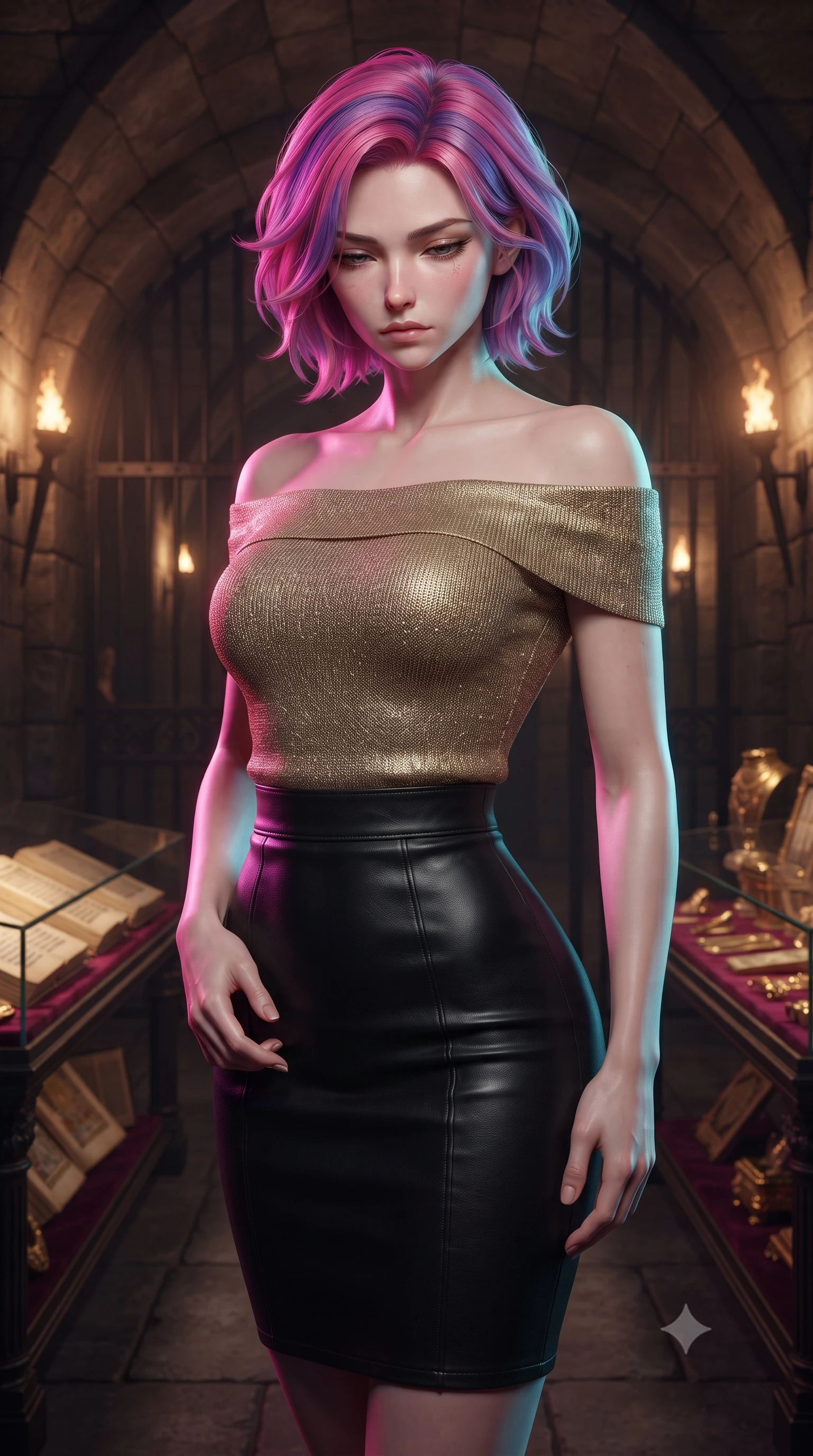 score_9, masterpiece, best quality, ultra-detailed, high-budget anime keyframe, editorial fashion photography, tasteful artistic composition, Caucasian woman, strictly human ears. close-up cowboy shot from the waist and thighs up, the character dominates the composition, filling the frame with her large presence, background elements kept in soft focus. Looking down with lowered lashes and a composed powerful expression. set against a soft-focus background of a subterranean vault with arched stone ceilings and heavy iron gates walls lined with ancient illuminated manuscripts under glass and gold artifacts gleaming on velvet-lined shelves stretching into torch-lit darkness. She has an exceptionally elegant and slender, willowy female figure with an ultra-slim waist, a gracefully sculpted slender torso, and a refined slim physique. sharp v-shaped jawline, high-bridge nose, intricate jewel-like eyes with depth, thick eyelashes, glossy lips with a natural sheen. wearing an off-shoulder gold metallic knit top, paired with a high-waisted black leather pencil skirt. dual-tone lighting with hot magenta from the left and cool cyan from the right. 2k, ultra detail, master piece, 9:16 ratio