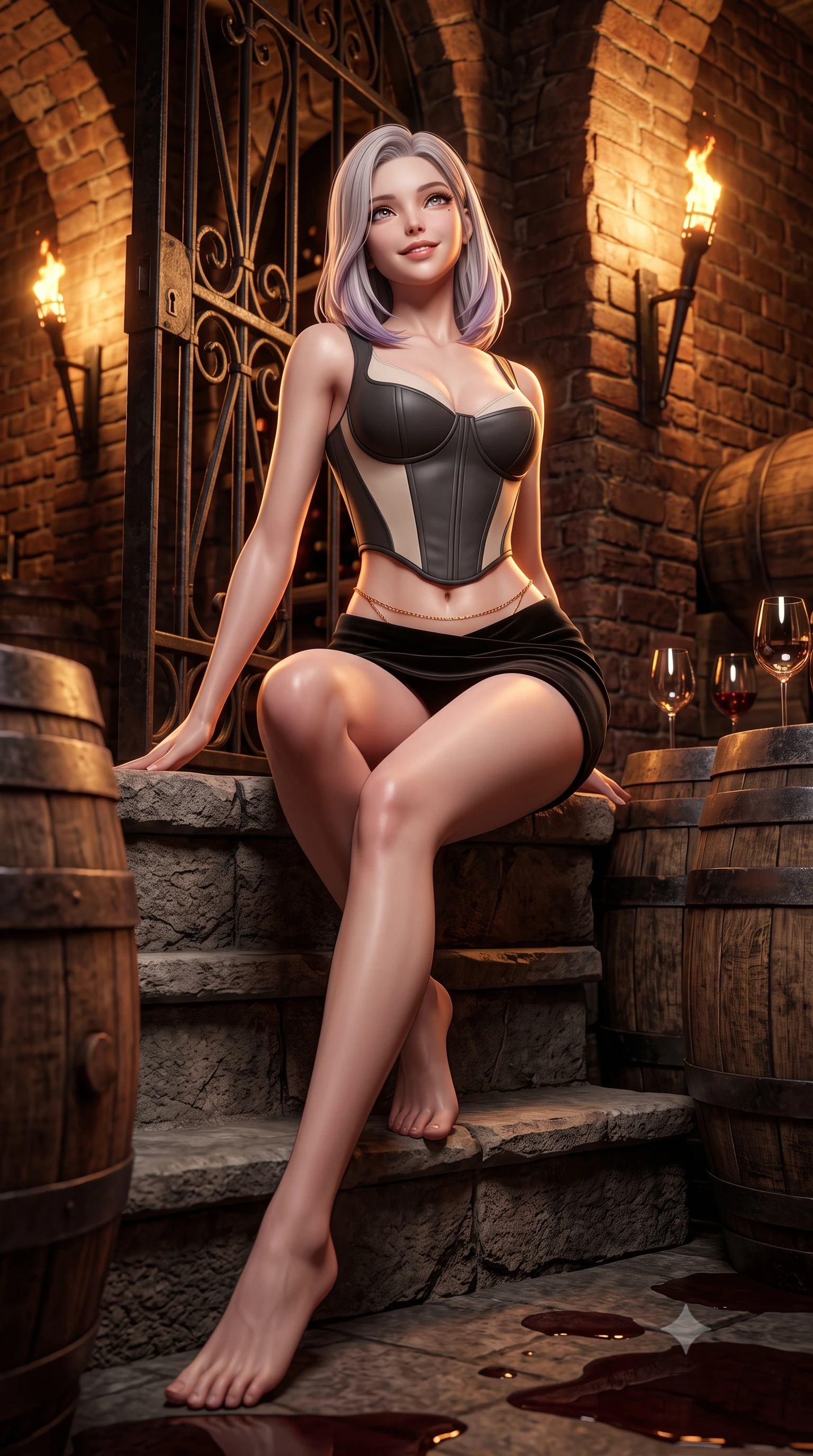 score_9, masterpiece, best quality, ultra-detailed, high-budget anime keyframe, semi-realistic 3D game render, editorial fashion photography, tasteful artistic composition, Caucasian woman. low angle full-body shot from head to toe showing her feet, filling the entire 9:16 vertical frame with her statuesque presence, stretching her vertical silhouette. sitting poised on the stone steps with one knee bent, arching her spine with supermodel elegance as she glances upward through thick eyelashes while twisting her slender torso in an alluring contrapposto pose beside the wrought-iron wine gate, torches casting long shadows across her curves. The surrounding environment is rendered in vivid detail and crisp panoramic clarity: sharp ancient brick vaulting texture, iron hoop bands on weathered oak barrels, and wine glass refraction clarity in deep focus. She has an absolutely perfect, statuesque 8.5-heads proportion, an exceptionally tall and slender model-like female figure with impossibly long slender legs, an ultra-slim waist, a flat toned midriff, narrow delicate ribcage, and beautifully sculpted feminine hips creating a graceful, slim hourglass silhouette without any bulky heaviness. sharp v-shaped jawline, high-bridge nose, sparkling eyes with hypnotic seductive depth, thick curled eyelashes, glossy parted lips with a natural dewy peach sheen, alluring bedroom-eyes with an enchanting coquettish smile, exuding magnetic siren charisma and sophisticated glamour, flawlessly proportioned anatomical accuracy, strict slender model proportions, natural body alignment, perfectly sculpted long slender limbs, ultra-slim waistline, clean dynamic posture without body distortion. wearing a structured Victorian boned leatherette corset bodice paired with an ultra-short micro-wrap velvet mini skirt in dual-tone high-contrast avant-garde monochrome, tailored from fine structural neoprene with crisp architectural edges and smooth contouring, accented with a dainty gold belly chain resting across her flat midriff and curving hips, the second-skin tailored fabric adhering flawlessly to her sculpted flat midriff and slender torso, emphasizing her long leg lines and perfectly proportioned willowy build. illuminated by wine puddle specular bounce and sharp warm-amber rim lights sculpting her jawline, flat midriff, and voluptuous hip curves. highly saturated vibrant anime colors, detailed shading with soft gradients, rich glossy textures, high-contrast stereoscopic depth, volumetric dynamic lighting, master piece, 9:16 ratio
