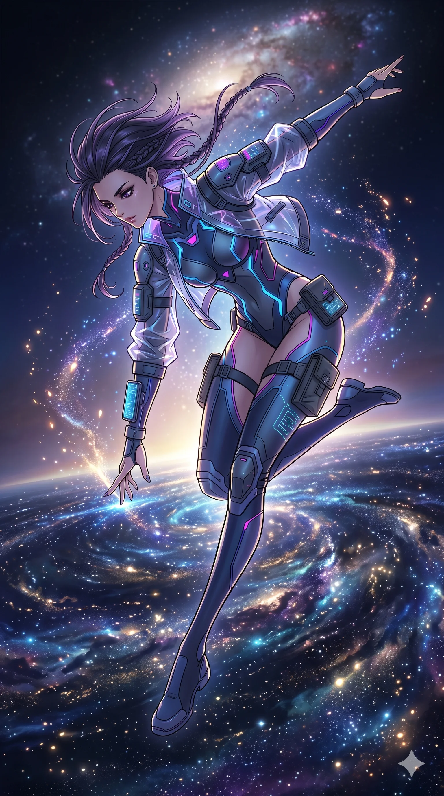 score_9, masterpiece, best quality, ultra-detailed, high-budget anime movie keyframe, cinematic anime lighting, intricate line art, Caucasian (strictly human ears) anime girl. Mid-air action shot capturing a graceful twist and vertical silhouette. kneeling at the edge of a sea of stars, touching the surface. She has an absolutely perfect 8-heads proportion, an exceptionally tall and slender female figure with an ultra-slim waist and impossibly long slender legs. strictly human anatomy, two legs only, no extra limbs, clearly defined legs and arms, perfect anatomy, perfect hands and fingers. sharp v-shaped jawline, high-bridge nose, intricate jewel-like eyes, thick eyelashes, glossy lips. Wearing Tech-Fantasy: Cybernetic tech-suit with glowing seams, translucent PVC over leotard, and modular tactical gear. The scene is illuminated by dramatic atmospheric lighting and vibrant color palettes. , 2k, ultra detail, master piece, 9:16 ratio