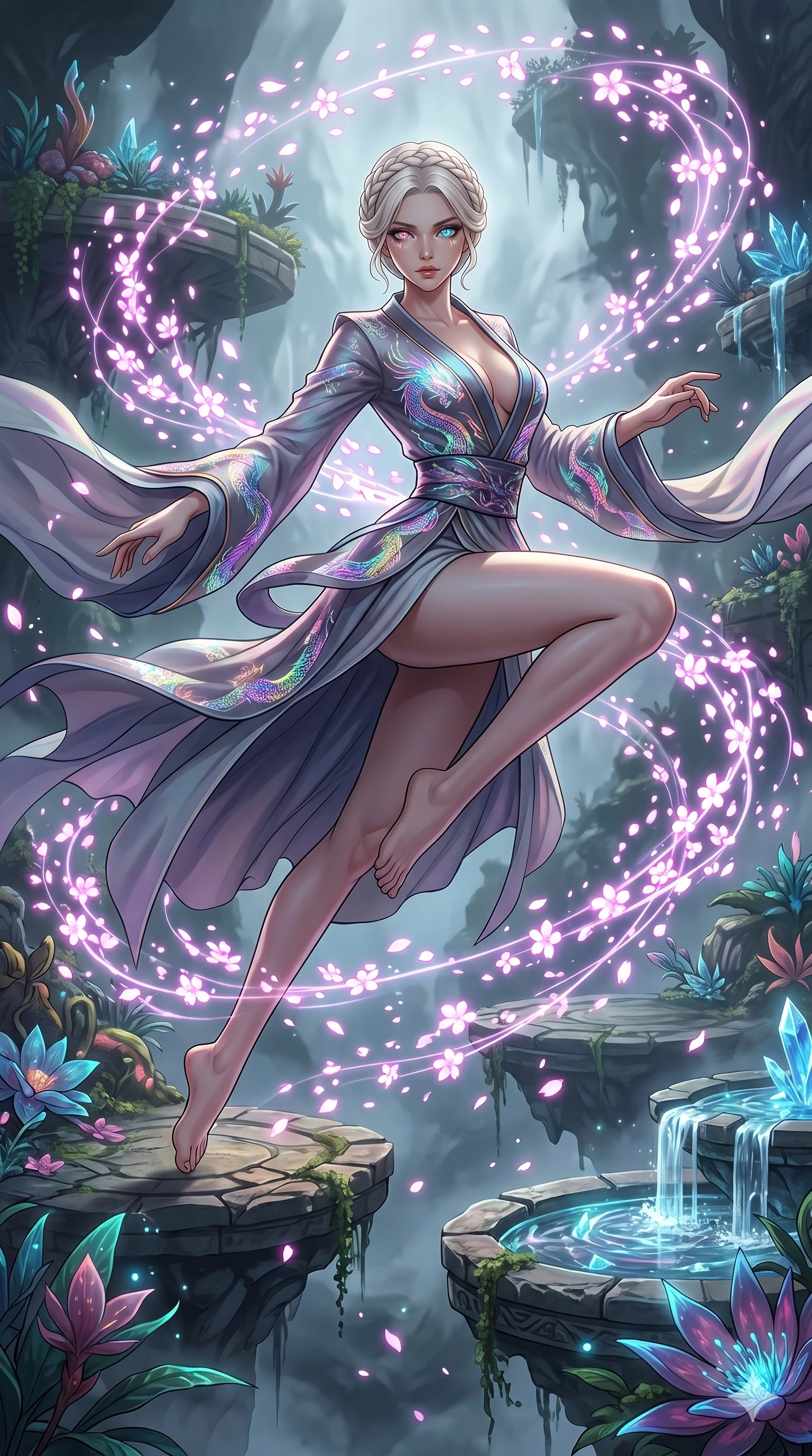 score_9, masterpiece, best quality, ultra-detailed, Set A: High-budget Anime Keyframe, Japanese woman. Low angle cowboy shot filling the entire 9:16 frame with her statuesque presence. Leaping through a floating botanical garden, while her eyes glow with 10 different colors and surrounded by digital sakura petals. She has an absolutely perfect 8-heads proportion, an exceptionally tall and slender female figure with impossibly long slender legs and an ultra-slim waist. Sharp v-shaped jawline, high-bridge nose, intricate jewel-like eyes with depth, thick eyelashes, glossy lips with a natural sheen. Wearing Traditional fusion robe with a deep V-cut and holographic dragon embroidery. Cinematic lighting, vibrant colors, dramatic shadows, 2k, ultra detail, master piece, 9:16 ratio