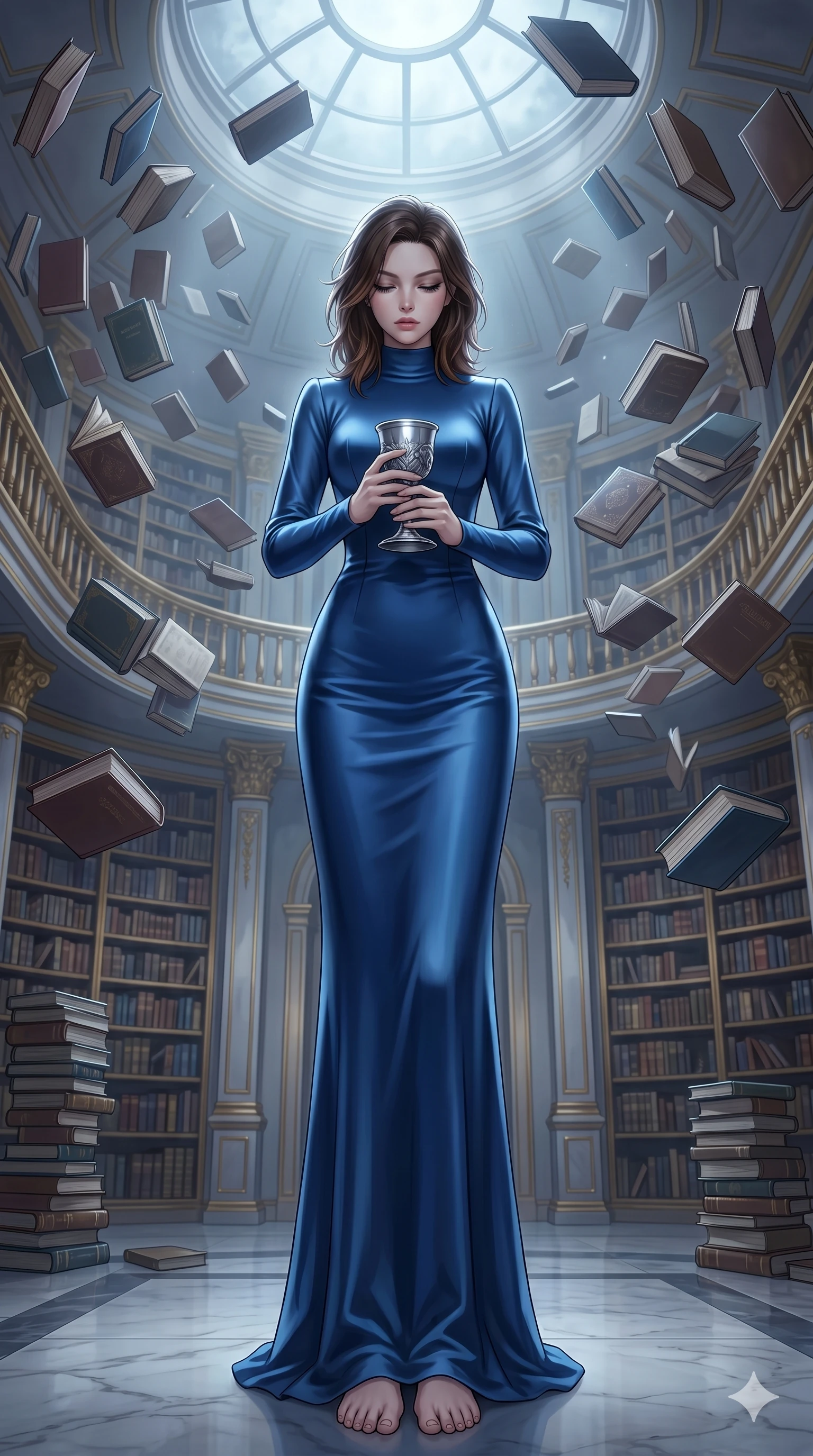 score_9, masterpiece, best quality, ultra-detailed, high-budget anime keyframe, editorial fashion photography, tasteful artistic composition, Korean woman. low angle full-body shot from head to toe showing her feet, filling the entire 9:16 vertical frame with her statuesque presence, stretching her vertical silhouette. holding a silver chalice, looking down with lowered lashes in a composed, powerful gesture in a grand library chamber with floating books and a round skylight (Code-P18-049). She has an absolutely perfect 8-heads proportion, an exceptionally tall and slender female figure with impossibly long slender legs and an ultra-slim waist. V-shaped jawline, high-bridge nose, intricate jewel-like eyes with depth, thick eyelashes, glossy lips with a natural sheen. wearing a structured high-neck heavy satin gown with long sleeves. cool silver moonlight filtered through the mist, creating a dramatic, ethereal rim light. 2k, ultra detail, master piece, 9:16 ratio