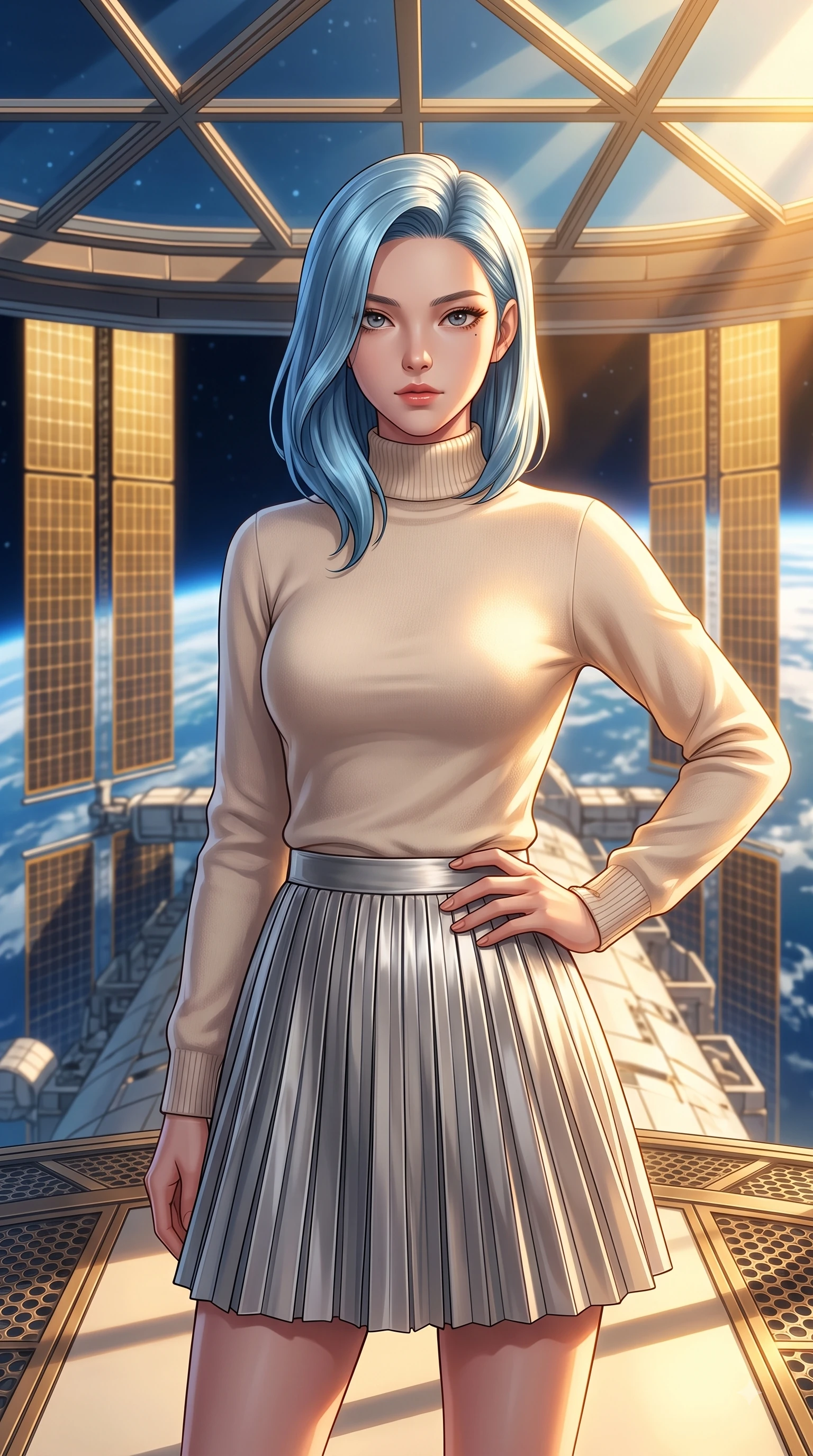 score_9, masterpiece, best quality, ultra-detailed, high-budget anime keyframe, editorial fashion photography, tasteful artistic composition, Korean woman woman. close-up cowboy shot from the waist and thighs up, the character dominates the composition, filling the frame with her large presence, background elements kept in soft focus. She has an exceptionally elegant, slender, and willowy female figure with an ultra-slim waist, a gracefully sculpted slender torso, and a refined silhouette. holding a confident power pose with one hand on her hip, looking directly into the camera with quiet self-assurance, flawlessly proportioned anatomical accuracy, natural body alignment, perfectly sculpted elegant limbs, clean dynamic posture without body distortion. set against a soft-focus background of an orbital solarium deck with giant gold solar panels overlooking Earth. wearing an elegant high-neck cashmere sweater with a pleated metallic silver A-line skirt. bathed in intense golden hour solar light slicing through glass ceiling panels. highly saturated vibrant anime colors, detailed shading with soft gradients, rich glossy textures, high-contrast stereoscopic depth, volumetric dynamic lighting, master piece, 9:16 ratio