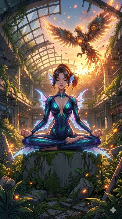 score_9, masterpiece, best quality, ultra-detailed, Set A: High-budget Anime Keyframe, Japanese woman. Low angle cowboy shot filling the entire 9:16 frame with her statuesque presence. Theme: Ethereal Dream. meditating in a ruined overgrown shopping 