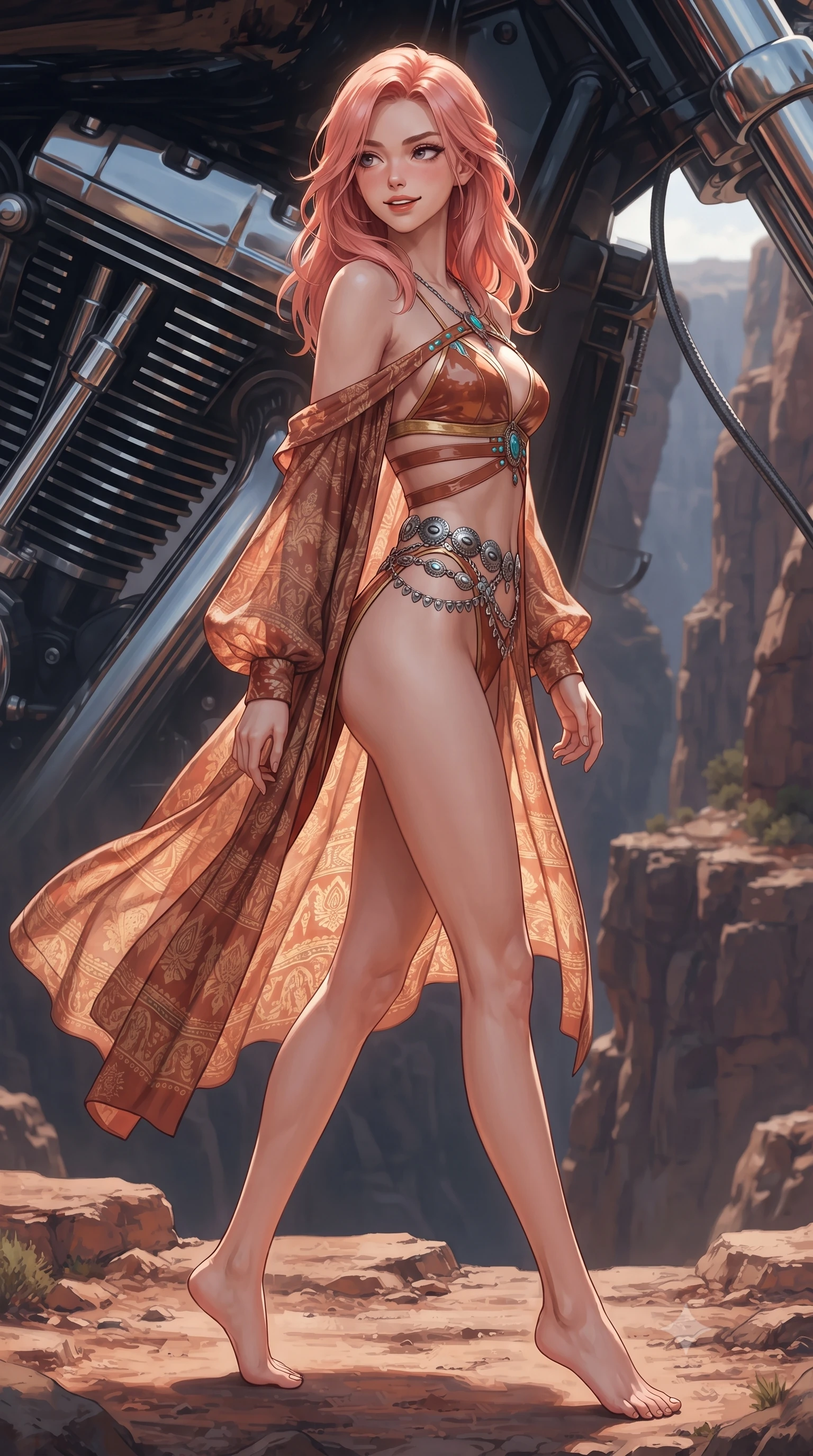 score_9, masterpiece, best quality, ultra-detailed, high-budget anime keyframe, editorial fashion photography, tasteful artistic composition, Japanese woman. low angle full-body shot from head to toe showing her feet, filling the entire 9:16 vertical frame with her statuesque presence, stretching her vertical silhouette. walking along the terrace with poise, looking back over her bare shoulder with an irresistible smoldering bedroom-gaze while twisting her slender torso in an alluring S-curve, chrome exhaust pipes and canyon abyss framing her narrow waist and rounded hips. The surrounding environment is rendered in vivid detail and crisp panoramic clarity: sharp motorcycle chrome engine fin detailing, braided steel oil lines, and sheer cliff rock face in deep focus. She has an absolutely perfect, statuesque 8.5-heads proportion, an exceptionally tall and slender model-like female figure with impossibly long slender legs, an ultra-slim waist, a flat toned midriff, narrow delicate ribcage, and beautifully sculpted feminine hips creating a graceful, slim hourglass silhouette without any bulky heaviness. sharp v-shaped jawline, high-bridge nose, sparkling eyes with hypnotic seductive depth, thick curled eyelashes, glossy parted lips with a natural dewy peach sheen, alluring bedroom-eyes with an enchanting coquettish smile, exuding magnetic siren charisma and sophisticated glamour, flawlessly proportioned anatomical accuracy, strict slender model proportions, natural body alignment, perfectly sculpted long slender limbs, ultra-slim waistline, clean dynamic posture without body distortion. wearing a delicate sheer chiffon western duster robe slipping off bare shoulders over a matching strappy suede bralette in terracotta rust and desert sand gold with turquoise accents, crafted from wet-look high-gloss vinyl fabric with dazzling specular surface reflections, accented with an intricate silver concho waist chain resting loosely on her curvy hips, the precision-cut side openings and low-back scoop framing her graceful spine and the sensual sweep of her slim, toned hips. illuminated by chrome mirror reflections and sharp platinum-gold rim lights sculpting her jawline, ultra-slim waist, and curvy hips. ultra-reflective glossy finish, specular highlights, rich textural contrasts, high-contrast stereoscopic depth, volumetric dynamic lighting, 2k, ultra detail, master piece, 9:16 ratio