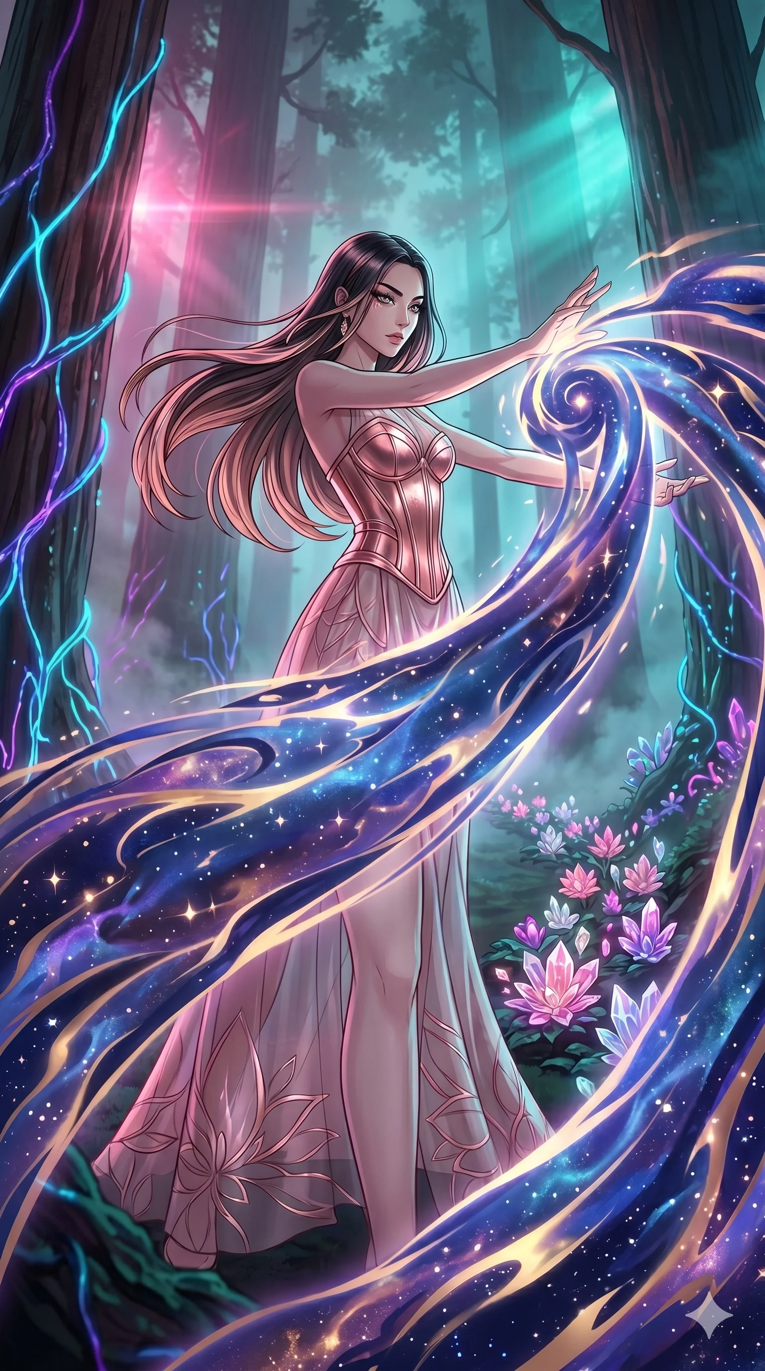 score_9, masterpiece, best quality, ultra-detailed, Set A: High-budget Anime Keyframe, Korean woman. Low angle cowboy shot filling the entire 9:16 frame with her statuesque presence. Theme: Abstract Cosmic. unleashing a massive energy wave in a giant redwood forest with glowing vines, while she leaves a trail of 56 blooming crystal flowers. The atmosphere is filled with heavy smog with neon flares. She has an absolutely perfect 8-heads proportion, an exceptionally tall and slender female figure with impossibly long slender legs and an ultra-slim waist. Sharp v-shaped jawline, high-bridge nose, intricate jewel-like eyes with depth, glossy lips. Wearing Rose-gold metallic corset over a sheer petal-patterned silk dress. Cinematic lighting, vivid colors, dramatic shadows, 2k, ultra detail, master piece, 9:16 ratio