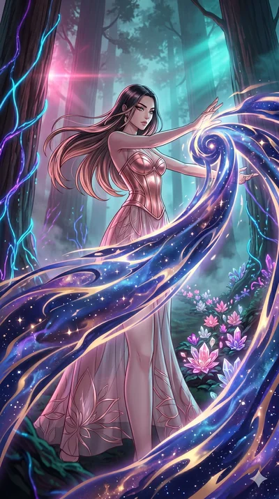 score_9, masterpiece, best quality, ultra-detailed, Set A: High-budget Anime Keyframe, Korean woman. Low angle cowboy shot filling the entire 9:16 frame with her statuesque presence. Theme: Abstract Cosmic. unleashing a massive energy wave in a giant