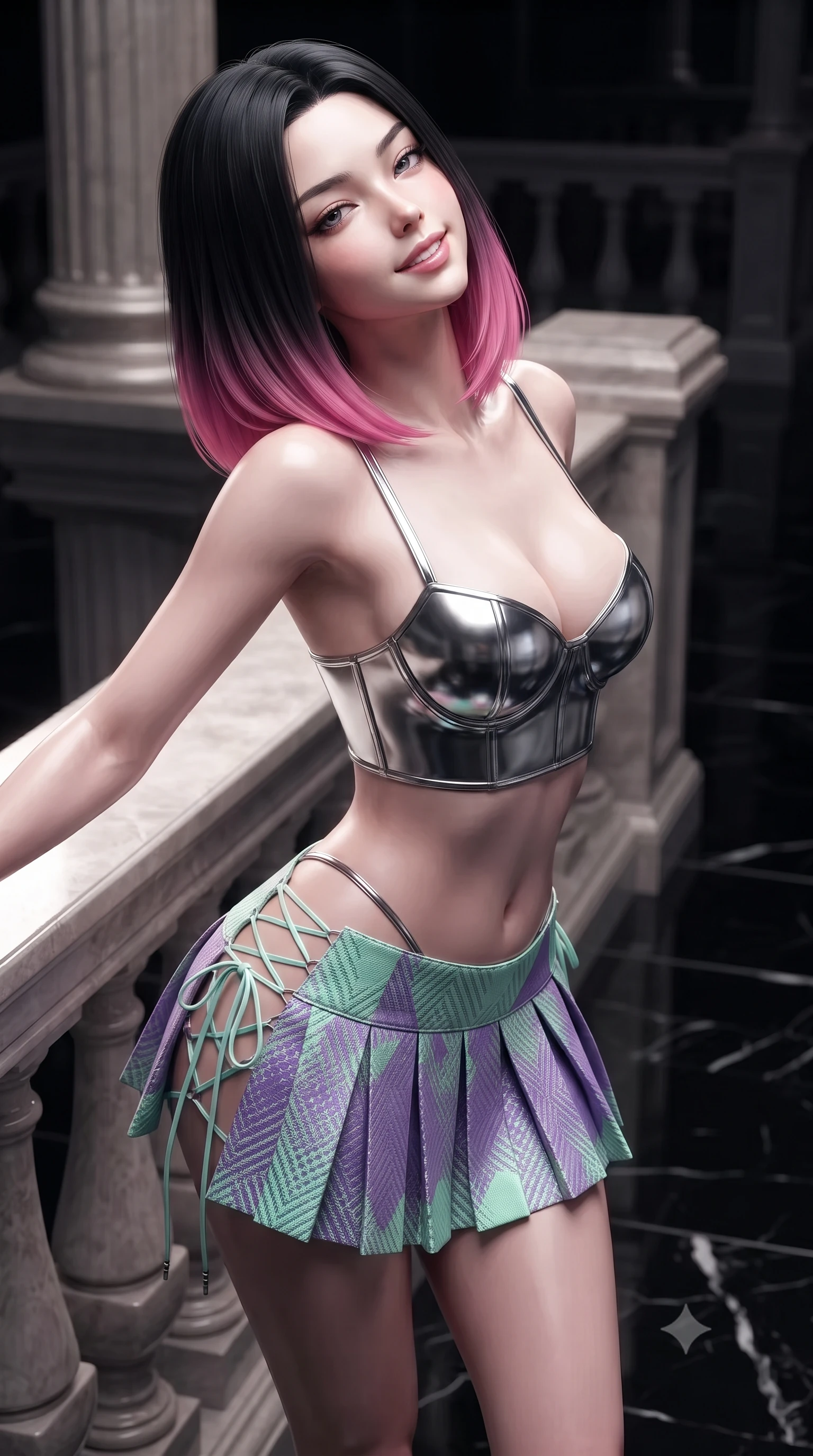 score_9, masterpiece, best quality, ultra-detailed, high-budget anime keyframe, editorial fashion photography, tasteful artistic composition, Korean woman. close-up cowboy shot from the waist and thighs up, the character dominates the composition, filling the frame with her large presence. leaning back against the balustrade with relaxed seductive grace, head tilted back slightly while casting a hypnotic, heavy-lidded gaze while leaning forward slightly with hips cocked back into the brilliant beam of key light, looking into the darkness with intoxicating smoldering bedroom-eyes. The surrounding environment is rendered in vivid detail and crisp panoramic clarity: sharp mirror-polished black obsidian floor reflections, crisp spotlight edge falloff, and microscopic crystal facet textures in deep focus. She has an exceptionally elegant, slender, and willowy female figure with an ultra-slim waist, flat toned midriff, narrow ribcage, and sculpted feminine hips creating an alluring, slim hourglass silhouette without bulk. sharp v-shaped jawline, high-bridge nose, intricate jewel-like sparkling eyes with depth, thick eyelashes, glossy parted lips with a natural peach sheen, bright cheerful beaming smile with an enchanting and coquettish sensual glint, exuding both youthful cute charm and seductive allure, flawlessly proportioned anatomical accuracy, strict slender model proportions, natural body alignment, perfectly sculpted long slender limbs, ultra-slim waistline, clean dynamic posture without body distortion. wearing a chrome-plated structured underwire bustier top paired with an ultra-short low-rise pleated micro mini skirt in phosphorescent ultraviolet amethyst and mint green, woven from structured carbon-fiber jacquard with rich textural depth, featuring fine criss-cross lace-up side ties revealing tantalizing glimpses of her hip curve, the precision-cut side openings and low-back scoop framing her graceful spine and the sensual sweep of her slim, toned hips. illuminated by black floor specular bounce and razor-sharp platinum rim lights defining her razor-sharp jawline, narrow waist, and curvy hips. ultra-reflective glossy finish, specular highlights, rich textural contrasts, high-contrast stereoscopic depth, volumetric dynamic lighting, 2k, ultra detail, master piece, 9:16 ratio