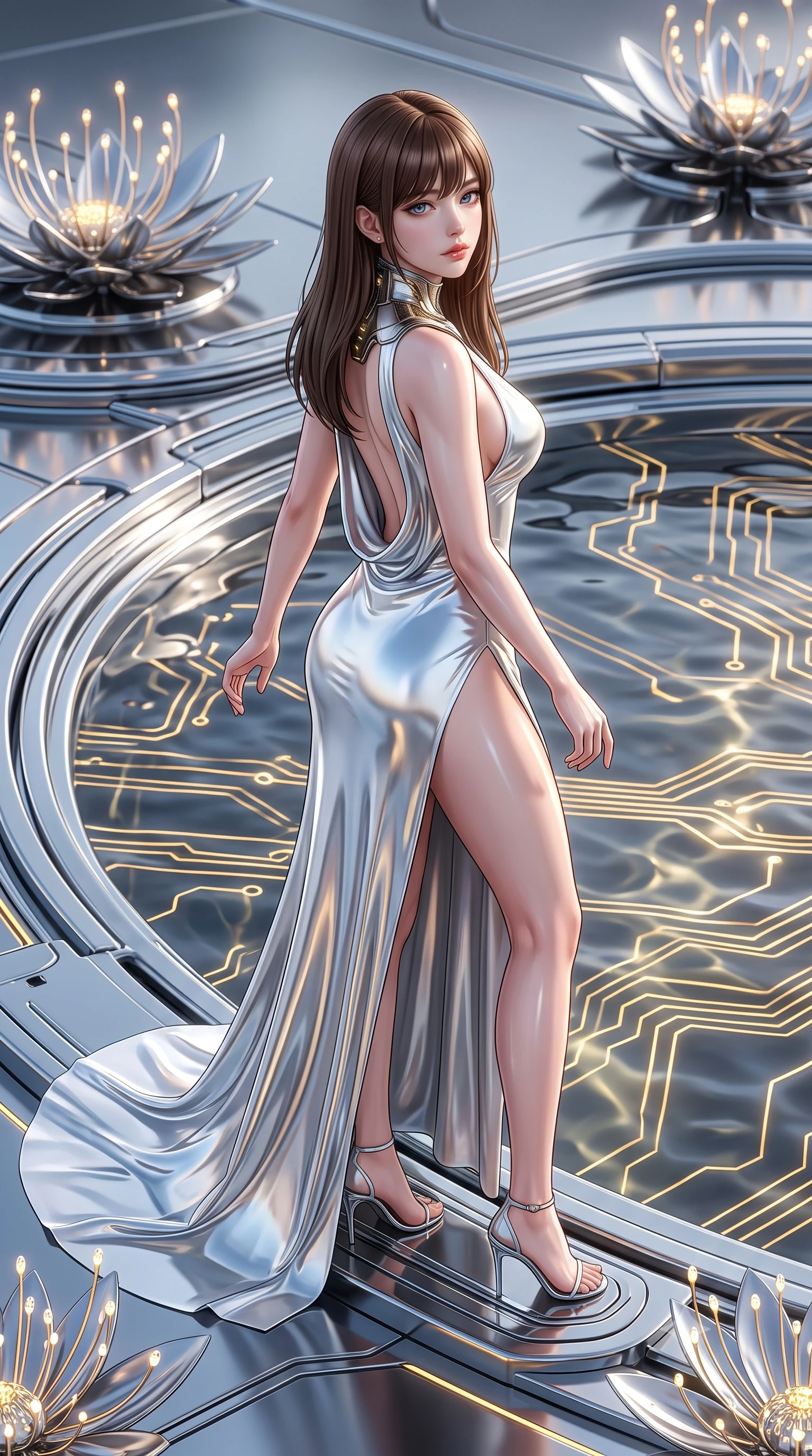 score_9, masterpiece, best quality, ultra-detailed, high-budget anime keyframe, semi-realistic 3D game render, editorial fashion photography, tasteful artistic composition, Korean woman. low angle full-body shot from head to toe showing her feet, filling the entire 9:16 vertical frame with her statuesque presence, stretching her vertical silhouette. pivoting dynamically in mid-motion with a breathtakingly alluring posture, displaying her flawless model proportions, toned flat midriff, and ultra-slim waist while stepping along the pool edge with an ethereal, captivating gaze as golden circuit lines pulse beneath the liquid metal. The surrounding environment is rendered in vivid detail and crisp panoramic clarity. intricate cybernetic lotus stamen LEDs, polished chrome platform edges, and clear caustics in high clarity. She has an absolutely perfect, statuesque 8.5-heads proportion, an exceptionally tall and slender model-like female figure with impossibly long slender legs, a toned flat midriff, and an ultra-slim waist. sharp v-shaped jawline, high-bridge nose, intricate jewel-like eyes with depth, thick eyelashes, glossy lips with a natural sheen, flawlessly proportioned anatomical accuracy, strict slender model proportions, natural body alignment, perfectly sculpted long slender limbs, ultra-slim waistline, clean dynamic posture without body distortion. wearing a precision-fitted liquid jersey bodycon gown in radiant chrome and white, featuring an open cowl back and high side slit in polished mirror chrome and glowing electric cyan neon, crafted from ultra-reflective second-skin liquid metal with a mirror-like polish, featuring a sleek aerodynamic collar framed by subtle glowing cybernetic accents, the liquid-tight tailored fabric emphasizing every curve of her tall, slender model proportions and sculptured silhouette during dynamic movement. surrounded by an opulent, mystical, and sacredly sensual android goddess ambiance. rich saturated anime colors with glowing neon highlights, detailed shading with soft gradients, rich glossy textures, high-contrast stereoscopic depth, volumetric dynamic lighting, master piece, 9:16 ratio