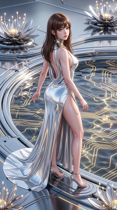 score_9, masterpiece, best quality, ultra-detailed, high-budget anime keyframe, semi-realistic 3D game render, editorial fashion photography, tasteful artistic composition, Korean woman. low angle full-body shot from head to toe showing her feet, fil