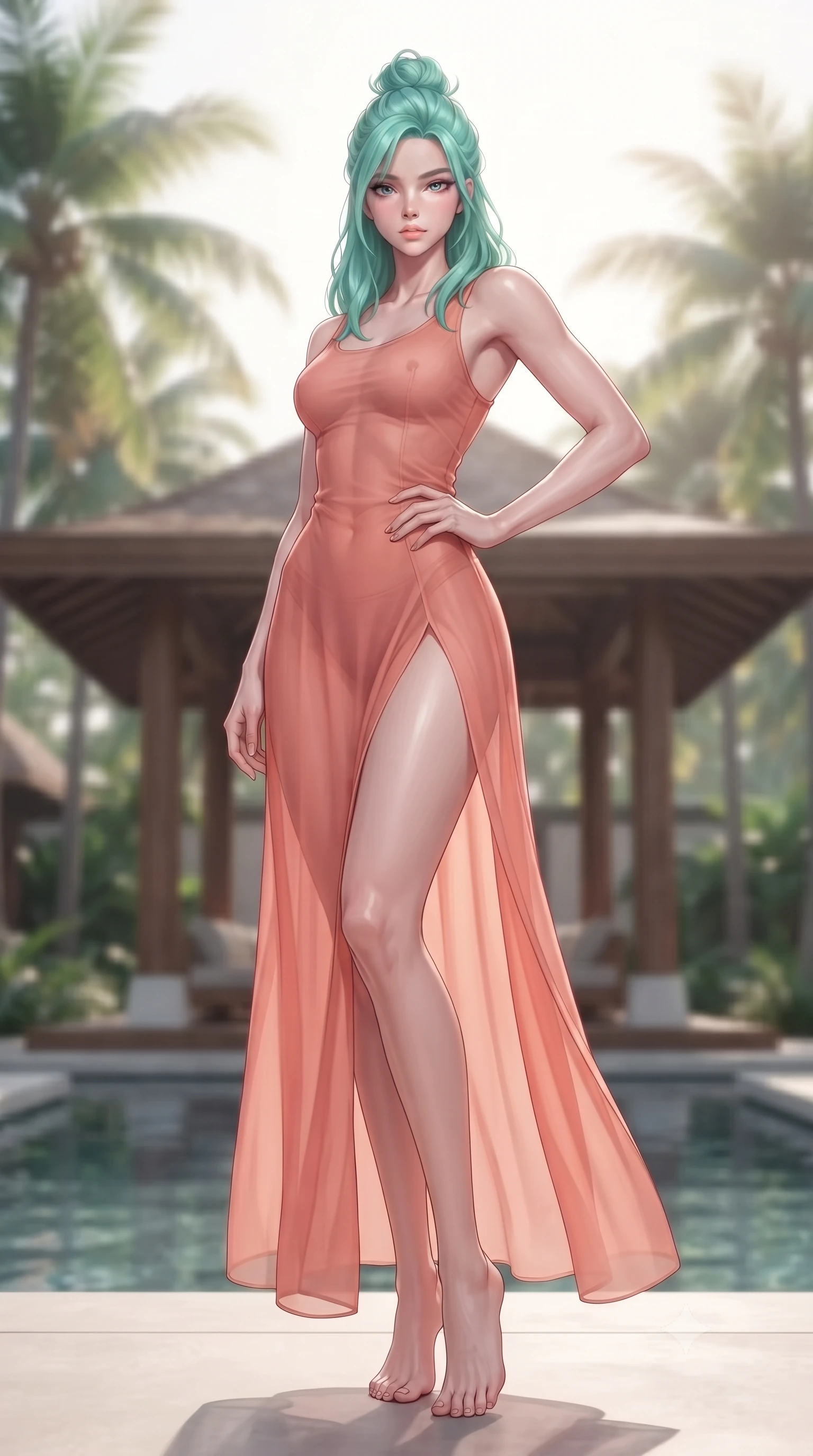 score_9, masterpiece, best quality, ultra-detailed, high-budget anime keyframe, editorial fashion photography, tasteful artistic composition, Japanese woman woman. low angle full-body shot from head to toe showing her feet, filling the entire 9:16 vertical frame with her statuesque presence, stretching her vertical silhouette. posing confidently with one hand on her hip, stretching her statuesque body to emphasize her curves the background shows a soft-focus a wooden open-air pavilion surrounded by lush tropical palm trees and a calm water pool. She has an absolutely perfect, statuesque 8.5-heads proportion, an exceptionally tall and slender model-like female figure with impossibly long slender legs and an ultra-slim waist. sharp v-shaped jawline, high-bridge nose, intricate jewel-like eyes with depth, thick eyelashes, glossy lips with a natural sheen. wearing a slim-fit high-slit sheer chiffon resort dress in soft coral, revealing the contours of her athletic build through the fabric. soft diffused tropical morning sunrays creating a serene resort vibe. ultra-reflective glossy finish, specular highlights, metallic sheen, high-contrast stereoscopic depth, volumetric dynamic lighting, 2k, ultra detail, master piece, 9:16 ratio