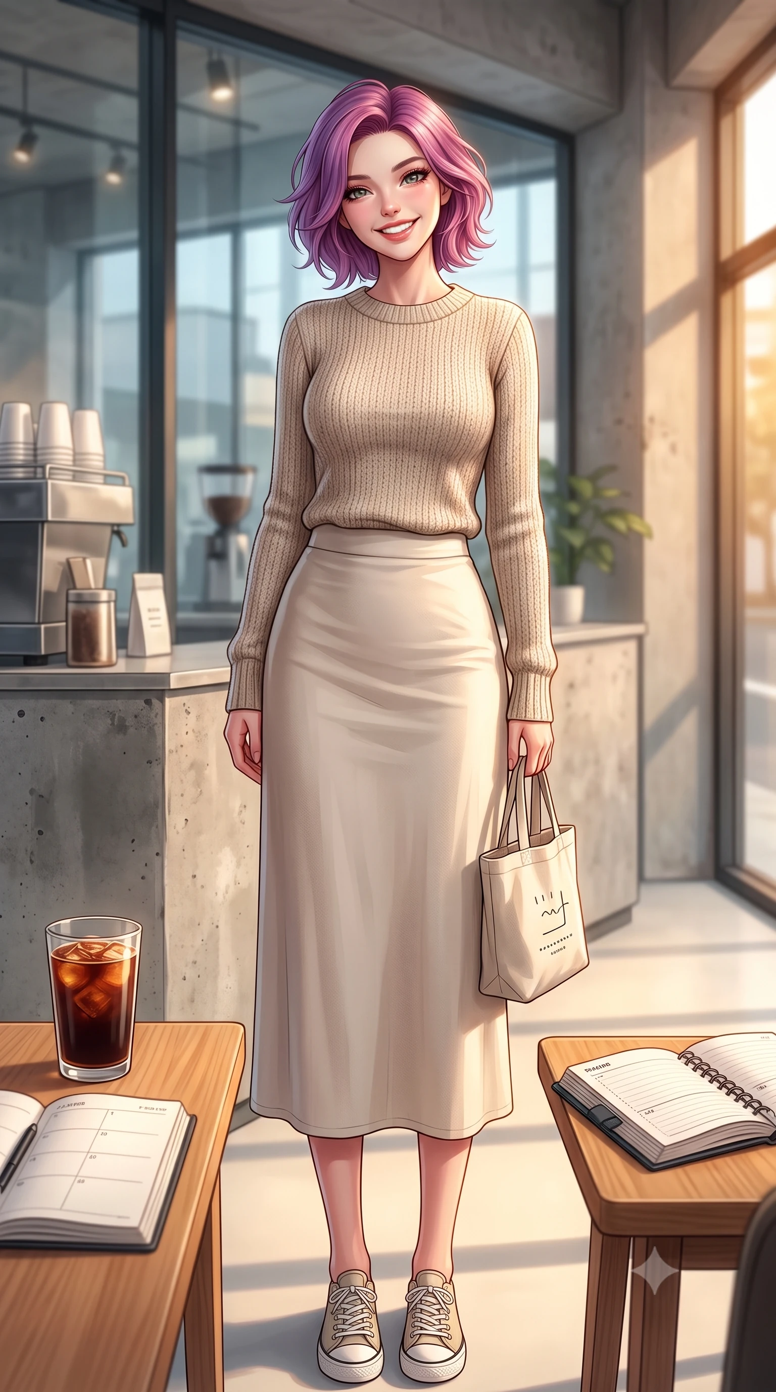 score_9, masterpiece, best quality, ultra-detailed, high-budget anime keyframe, editorial fashion photography, tasteful artistic composition, Caucasian woman. low angle full-body shot from head to toe showing her feet, filling the entire 9:16 vertical frame with her statuesque presence, stretching her vertical silhouette. standing with a cute, bright pose, tilting her head with a beaming smile set against a soft-focus background of inside a modern minimalist espresso bar with sleek glass windows and concrete counters with a glass of cold brew coffee and an open planner on the wooden table. She has an absolutely perfect, statuesque 8.5-heads proportion, an exceptionally tall and slender model-like female figure with impossibly long slender legs and an ultra-slim waist. sharp v-shaped jawline, high-bridge nose, intricate jewel-like eyes with depth, thick eyelashes, glossy lips with a natural sheen. wearing body-hugging cozy oatmeal knit sweater paired with a long cotton skirt and a small canvas tote bag. warm golden lighting creating a cozy, relaxing weekend mood. highly saturated vibrant anime colors, detailed shading with soft gradients, rich glossy textures, high-contrast stereoscopic depth, volumetric dynamic lighting, master piece, 9:16 ratio