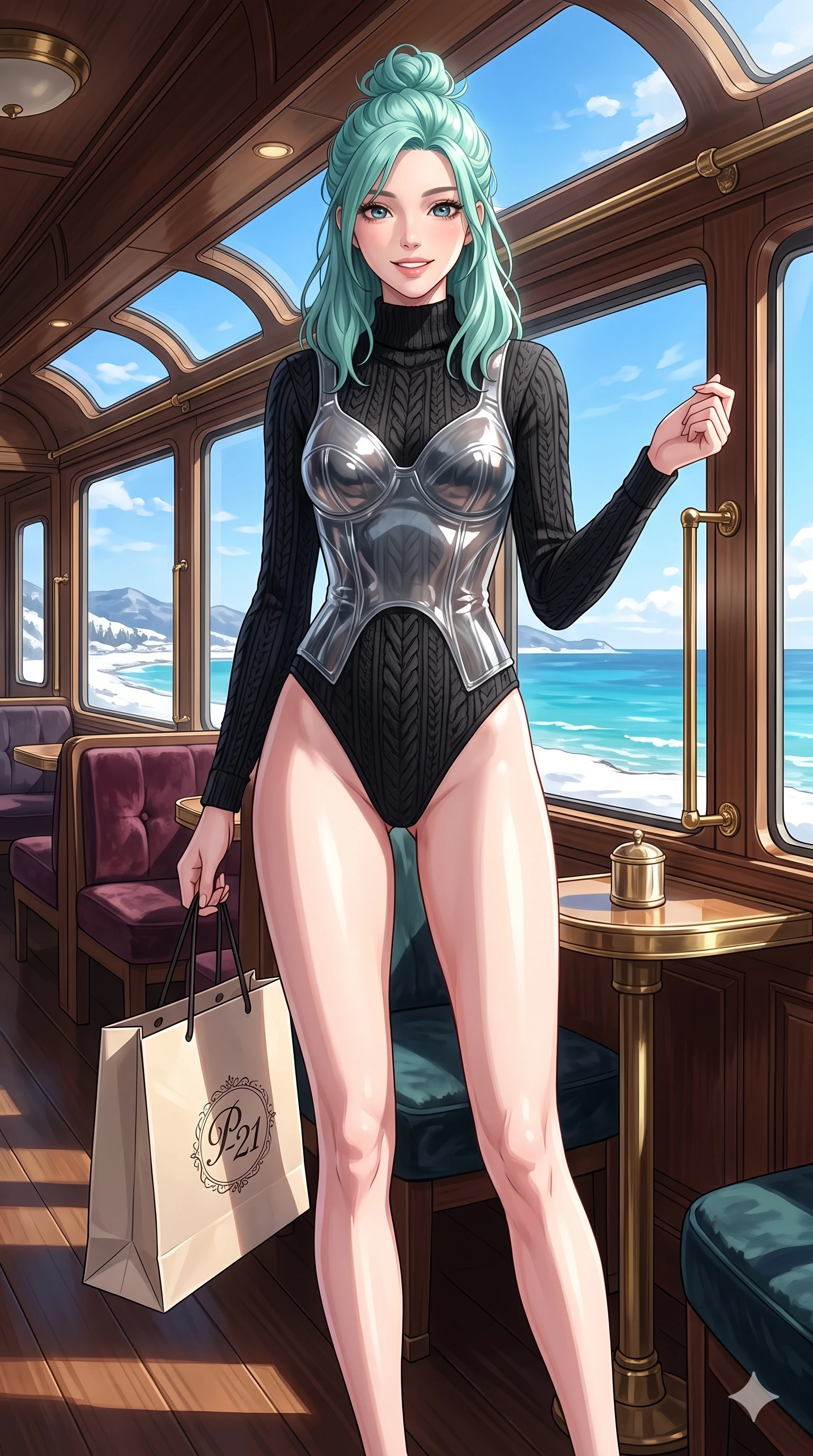 score_9, masterpiece, best quality, ultra-detailed, high-budget anime keyframe, vibrant anime aesthetic, Japanese woman. cowboy shot from the thighs up, character and outfit filling the frame for maximum presence. She is holding a boutique bag, smiling warmly with a cheerful and friendly winter gaze inside a luxury train lounge car showing the winter coast (Code-P21-137). She has an absolutely perfect 8-heads proportion, an exceptionally tall and slender female figure with impossibly long slender legs and an ultra-slim waist. V-shaped jawline, high-bridge nose, intricate jewel-like eyes with depth, thick eyelashes, glossy lips with a natural sheen. wearing a translucent glossy structured bodice over a black textured knit bodysuit in winter. She is illuminated by a brilliant midday winter sun, highlighting her athletic figure and smile. 2k, ultra detail, master piece, 9:16 ratio