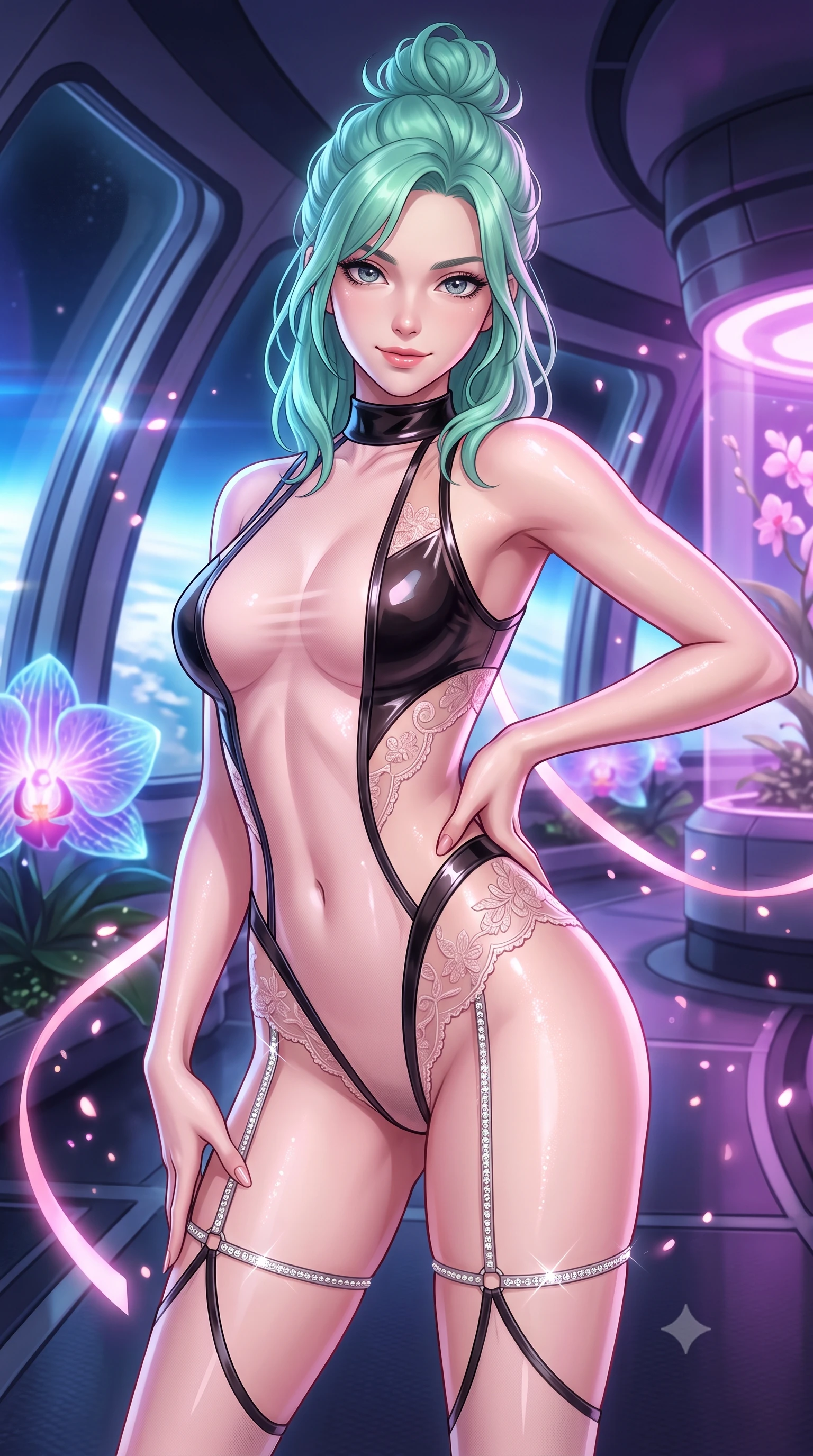 score_9, masterpiece, best quality, ultra-detailed, high-budget anime keyframe, semi-realistic 3D game render, editorial fashion photography, tasteful artistic composition, Japanese woman. close-up cowboy shot from the waist and thighs up, the character dominates the composition, filling the frame with her large presence. tilting her head with a teasing half-smile, running one hand slowly down the side of her hip in a flirtatious S-curve as ambient light caresses her silhouette while twisting her slender torso in an alluring S-curve, glowing floral pollen and soft pink LED ribbons tracing her dewy skin and flat midriff. The surrounding environment is rendered in vivid detail and crisp panoramic clarity: sharp curved space-habitat window mullions, bioluminescent orchid petal vein structures, and polished composite flooring in deep focus. She has an exceptionally elegant, slender, and willowy female figure with an ultra-slim waist, flat toned midriff, narrow ribcage, and sculpted feminine hips creating an alluring, slim hourglass silhouette without bulk. sharp v-shaped jawline, high-bridge nose, intricate jewel-like sparkling eyes with depth, thick eyelashes, glossy parted lips with a natural peach sheen, bright cheerful beaming smile with an enchanting and coquettish sensual glint, exuding both youthful cute charm and seductive allure, flawlessly proportioned anatomical accuracy, strict slender model proportions, natural body alignment, perfectly sculpted long slender limbs, ultra-slim waistline, clean dynamic posture without body distortion. wearing an ultra-daring sheer vinyl-trimmed illusion mesh catsuit with strategic translucent cutouts along her hips and torso in Kyoto moonlit sakura blush and polished urushi black, made of delicate embroidered tulle lace with intricate floral motifs and soft transparency, finished with delicate crystal-encrusted thigh garter straps glinting in the dim light, the form-contouring silhouette accentuating her sculpted flat midriff, narrow delicate ribcage, and gracefully curvy hips with intoxicating allure. bathed in the natural blue Earth-light spilling through orbital windows mixed with soft violet hydroponic grow lights. highly saturated vibrant anime colors, detailed shading with soft gradients, rich glossy textures, high-contrast stereoscopic depth, volumetric dynamic lighting, master piece, 9:16 ratio