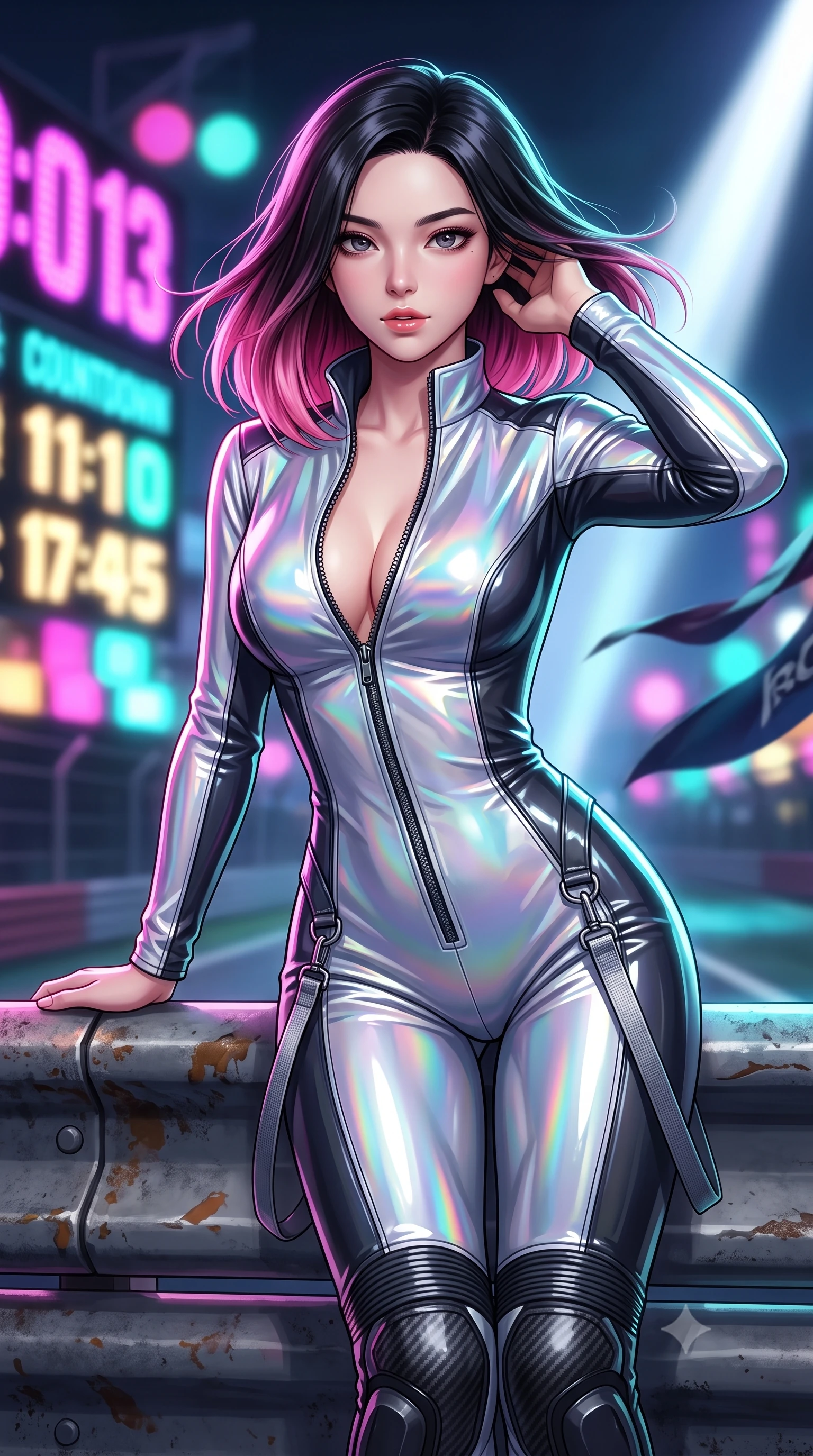 score_9, masterpiece, best quality, ultra-detailed, high-budget anime keyframe, semi-realistic 3D game render, editorial fashion photography, tasteful artistic composition, Korean woman. close-up cowboy shot from the waist and thighs up, the character dominates the composition, filling the frame with her large presence. leaning forward toward the camera with playful, breathtaking intimacy, eyes locked onto the viewer with irresistible charisma while leaning against a heavy track barrier, tossing her hair over one shoulder as wind whips the racing circuit banners. The composition keeps background elements in soft focus with creamy bokeh. giant LED jumbotron race countdown graphics and sweeping searchlights blurred into electric magenta, turquoise, and gold bokeh. She has an exceptionally elegant, slender, and willowy female figure with an ultra-slim waist, a gracefully sculpted slender torso, toned flat midriff, and a refined slim silhouette. sharp v-shaped jawline, high-bridge nose, intricate jewel-like eyes with depth, thick eyelashes, glossy parted lips with a natural sheen, intensely captivating and seductive expression, flawlessly proportioned anatomical accuracy, strict slender model proportions, natural body alignment, perfectly sculpted long slender limbs, ultra-slim waistline, clean dynamic posture without body distortion. wearing a high-gloss patent leather racing catsuit with an open front zipper and high stand collar in holographic silver prism and deep graphite, made of durable ripstop technical nylon with metallic zipper teeth, accented with hanging industrial clip straps and carbon fiber knee sliders, the liquid-tight tailored fabric emphasizing every curve of her tall, slender model proportions and sculptured silhouette. bathed in dynamic color-shifting LED race lights and sweeping white spotlight fill. highly saturated vibrant anime colors, detailed shading with soft gradients, rich glossy textures, high-contrast stereoscopic depth, volumetric dynamic lighting, master piece, 9:16 ratio