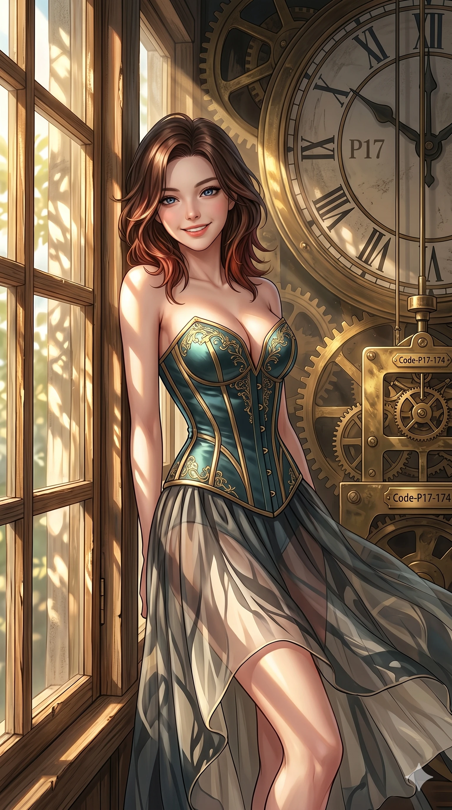 score_9, masterpiece, best quality, ultra-detailed, high-budget anime keyframe, editorial fashion photography, tasteful artistic composition, Korean woman. cowboy shot from the thighs up, character and outfit filling the frame for maximum editorial presence. leaning against the wooden window frame, looking at the viewer with a smile in a clock tower with turning brass gears (Code-P17-174). She has an absolutely perfect 8-heads proportion, an exceptionally tall and slender female figure with impossibly long slender legs and an ultra-slim waist. V-shaped jawline, high-bridge nose, intricate jewel-like eyes with depth, thick eyelashes, glossy lips with a natural sheen. wearing a structured satin corset showing her cleavage and a sheer skirt. drenched in brilliant morning sunshine, casting long warm highlights and leaf patterns. 2k, ultra detail, master piece, 9:16 ratio