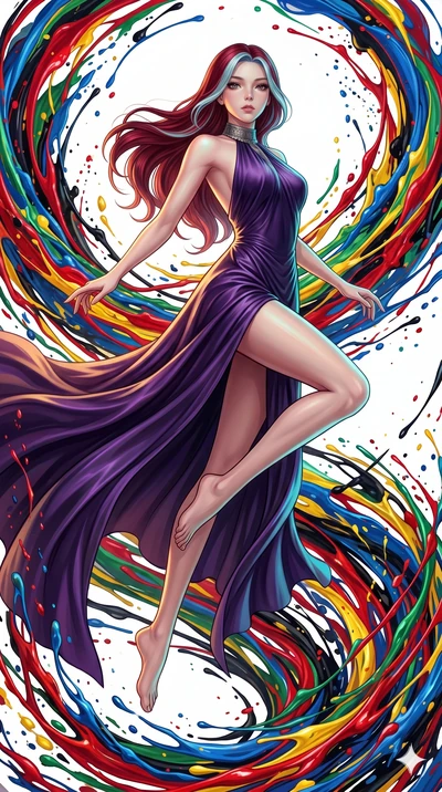 score_9, masterpiece, best quality, ultra-detailed, high-budget anime keyframe, Japanese woman. low angle full-body shot filling the entire 9:16 frame with her statuesque presence, stretching the vertical silhouette. leaping into a vorticist paint sp