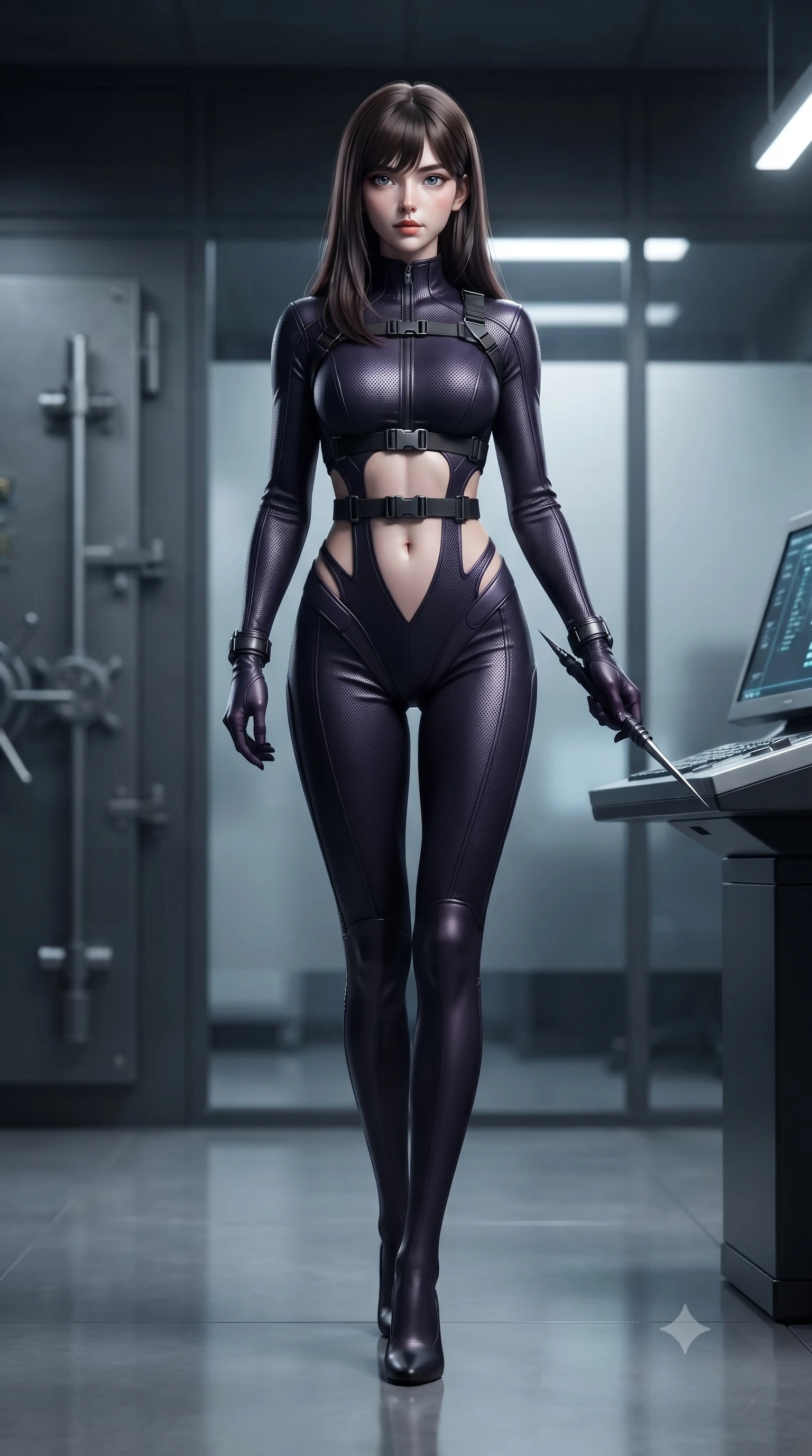 score_9, masterpiece, best quality, ultra-detailed, high-budget anime keyframe, editorial fashion photography, tasteful artistic composition, Korean woman. low angle full-body shot from head to toe showing her feet, filling the entire 9:16 vertical frame with her statuesque presence, stretching her vertical silhouette. striding forward in a proud, dynamic supermodel runway stride, her statuesque vertical silhouette commanding the entire frame while holding a high-tech data-extraction spike near a master console terminal with supreme operative confidence. The composition keeps background elements in soft focus with creamy bokeh. heavy vault door locking bolts and frosted glass partition walls softened in moody shallow depth of field. She has an absolutely perfect, statuesque 8.5-heads proportion, an exceptionally tall and slender model-like female figure with impossibly long slender legs, a toned flat midriff, and an ultra-slim waist. sharp v-shaped jawline, high-bridge nose, intricate jewel-like eyes with depth, thick eyelashes, glossy lips with a natural sheen, captivating and magnetic expression, flawlessly proportioned anatomical accuracy, strict slender model proportions, natural body alignment, perfectly sculpted long slender limbs, ultra-slim waistline, clean dynamic posture without body distortion. wearing a high-tech surveillance operative suit with flexible titanium joints and waist-cinching harness in shadow black with subtle deep violet undertones, made of reinforced ripstop micro-mesh with thermal insulation lining, accented with concealed lockpick wristbands and polished dark chrome hardware, the precision-cut daring openings accentuating her delicate midriff, graceful bare collarbones, and ultra-slim feminine waistline. surrounded by a deadly, sophisticated, and irresistibly alluring secret agent femme fatale aura. ultra-reflective glossy finish, specular highlights, rich textural contrasts, high-contrast stereoscopic depth, volumetric dynamic lighting, 2k, ultra detail, master piece, 9:16 ratio