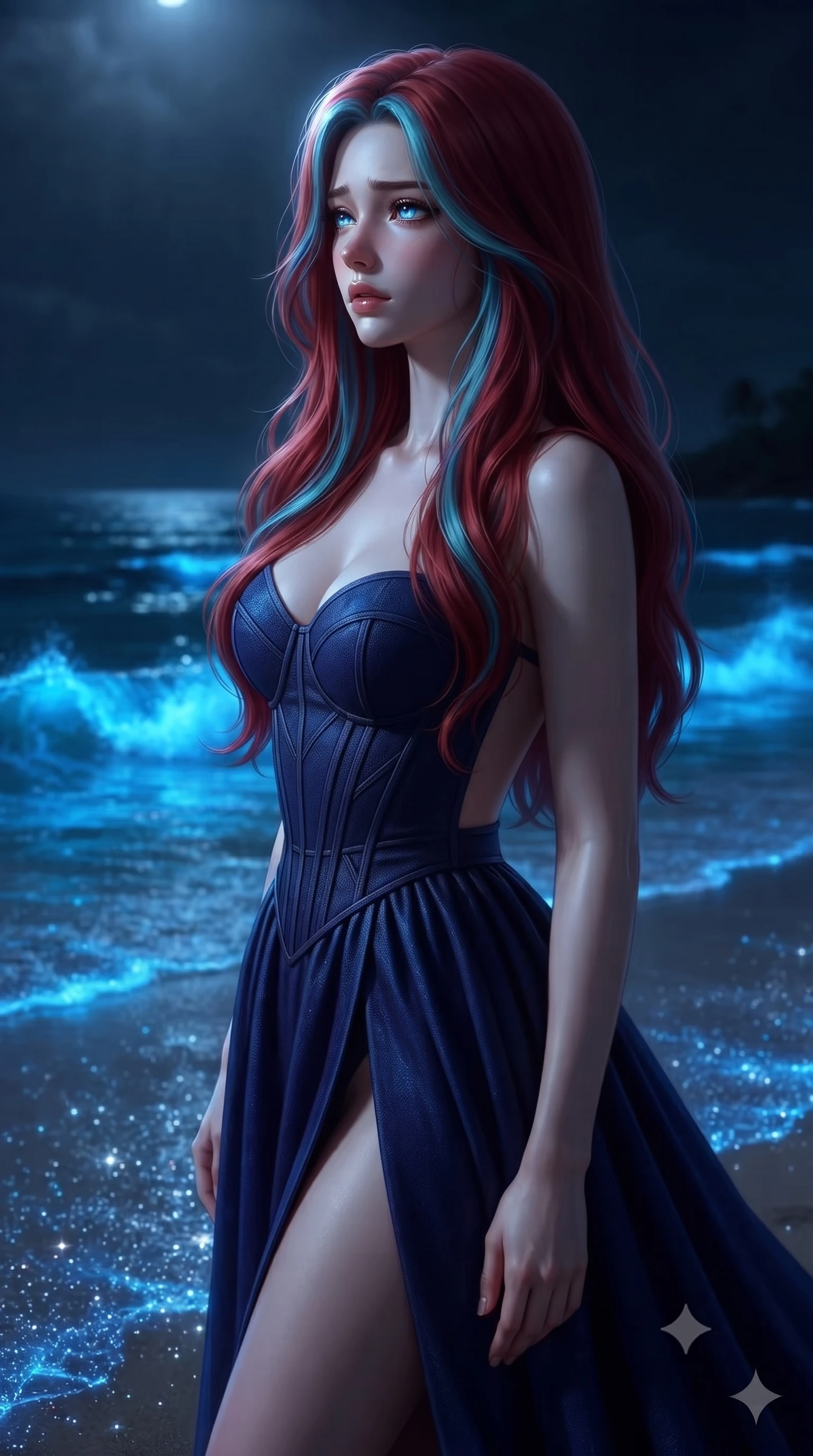 score_9, masterpiece, best quality, ultra-detailed, high-budget anime keyframe, editorial fashion photography, tasteful artistic composition, Caucasian woman, strictly human ears. close-up cowboy shot from the waist and thighs up, the character dominates the composition, filling the frame with her large presence, background elements kept in soft focus. Gazing into the distance with a wistful melancholic expression and softly glowing eyes. set against a soft-focus background of a tropical beach at midnight where every breaking wave crest glows with intense electric blue bioluminescence the wet sand sparkling with disturbed dinoflagellates and the dark ocean pulsing with underwater light. She has an exceptionally elegant and slender, willowy female figure with an ultra-slim waist, a gracefully sculpted slender torso, and a refined slim physique. sharp v-shaped jawline, high-bridge nose, intricate jewel-like eyes with depth, thick eyelashes, glossy lips with a natural sheen. wearing a structured bustier gown in deep indigo blue, featuring a boned bodice, a daring high front slit, and an open back. intense electric blue bioluminescent glow from the waves and wet sand with cool silver moonlight from above and the dark ocean providing deep contrast between the glowing tide line and night sky. 2k, ultra detail, master piece, 9:16 ratio