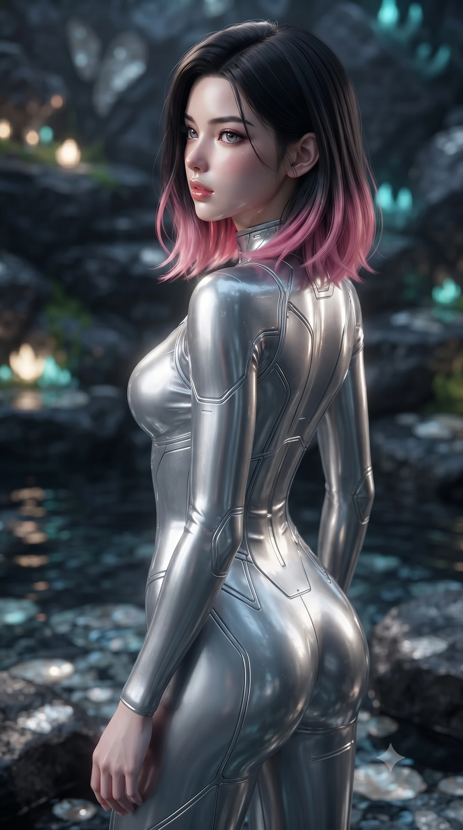 score_9, masterpiece, best quality, ultra-detailed, high-budget anime keyframe, editorial fashion photography, tasteful artistic composition, Korean woman. close-up cowboy shot from the waist and thighs up, the character dominates the composition, filling the frame with her large presence, background elements kept in soft focus. turning her face in profile to look over her shoulder, casting a smoldering side gaze with lips slightly parted, the background shows a soft-focus a lagoon stone pool built of black basalt and pearl shell inlays. She has an exceptionally elegant, slender, and willowy female figure with an ultra-slim waist, a gracefully sculpted slender torso, and a refined silhouette. sharp v-shaped jawline, high-bridge nose, intricate jewel-like eyes with depth, thick eyelashes, glossy lips with a natural sheen. wearing a form-contouring form-contouring liquid silver space flight under-suit, contouring her athletic, slender build. soft flickering light from glowing lichen reflecting off the wet rocks. ultra-reflective glossy finish, specular highlights, metallic sheen, high-contrast stereoscopic depth, volumetric dynamic lighting, 2k, ultra detail, master piece, 9:16 ratio