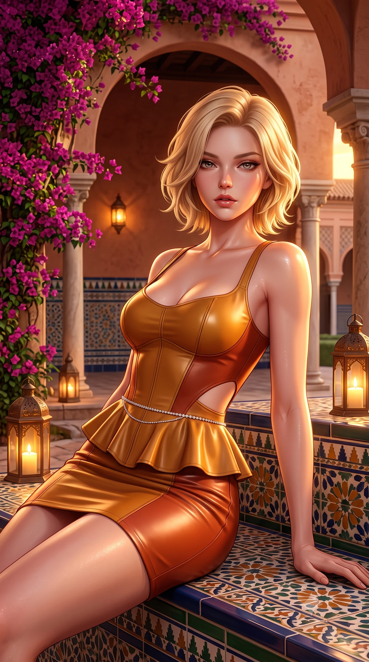score_9, masterpiece, best quality, ultra-detailed, high-budget anime keyframe, semi-realistic 3D game render, editorial fashion photography, tasteful artistic composition, Caucasian woman. close-up cowboy shot from the waist and thighs up, the character dominates the composition, filling the frame with her large presence. leaning back with relaxed seductive grace, her sculpted collarbones and narrow waist highlighted as she casts smoldering bedroom-eyes directly into the camera while reclining on a tiled bench beneath cascading magenta bougainvillea, her flat midriff and feminine hips highlighted by warm dusk lanterns. The surrounding environment is rendered in vivid detail and crisp panoramic clarity. detailed silk dress drape, warm evening sun glints on skin, and Seville palace architecture in high resolution. She has an exceptionally elegant, slender, and willowy female figure with an ultra-slim waist, flat toned midriff, narrow ribcage, and sculpted feminine hips creating an alluring, slim hourglass silhouette without bulk. sharp v-shaped jawline, high-bridge nose, intricate jewel-like eyes with depth, thick eyelashes, glossy parted lips with a natural sheen, intensely captivating and seductive bedroom-eyes expression, flawlessly proportioned anatomical accuracy, strict slender model proportions, natural body alignment, perfectly sculpted long slender limbs, ultra-slim waistline, clean dynamic posture without body distortion. wearing a modern peplum corset dress with side-waist diamond cutouts and an ultra-tight silhouette in molten desert gold and burnt terracotta, formed from supple second-skin lambskin leather with specular sheen, accented with a dainty diamond waist chain catching the ambient light reflections, the glove-like aerodynamic silhouette tightly following the natural contour of her hips and long slender legs with statuesque 8.5-heads elegance. bathed in rich golden hour Andalusian sunset backlighting and warm terracotta wall bounce fill. highly saturated vibrant anime colors, detailed shading with soft gradients, rich glossy textures, high-contrast stereoscopic depth, volumetric dynamic lighting, master piece, 9:16 ratio