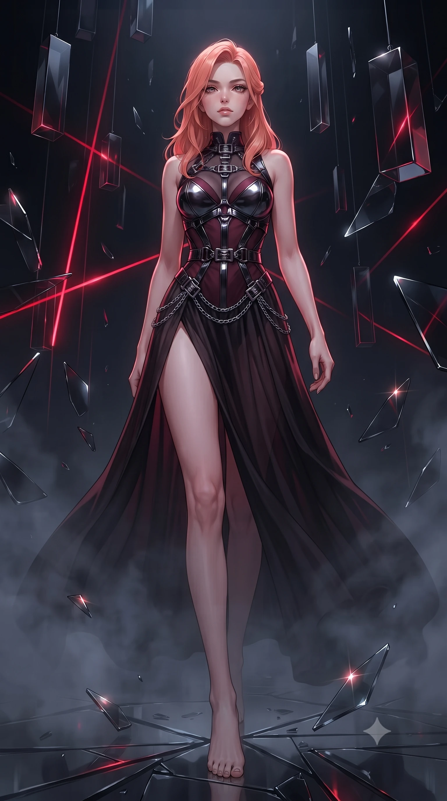 score_9, masterpiece, best quality, ultra-detailed, high-budget anime keyframe, editorial fashion photography, tasteful artistic composition, Japanese woman. low angle full-body shot from head to toe showing her feet, filling the entire 9:16 vertical frame with her statuesque presence, stretching her vertical silhouette. forging confidently through the dark atmospheric mist, holding a poised statuesque stance, standing surrounded by suspended dark glass prisms refracting sharp laser rays, shattered dark glass shards suspended in mid-air catching specular gleams. She has an absolutely perfect, statuesque 8.5-heads proportion, an exceptionally tall and slender model-like female figure with impossibly long slender legs and an ultra-slim waist. sharp v-shaped jawline, high-bridge nose, intricate jewel-like eyes with depth, thick eyelashes, glossy lips with a natural sheen. wearing semi-opaque sheer dark chiffon gown revealing structured bodice silhouette in deep crimson burgundy, made of sculpted obsidian metallic chrome, framed by dark titanium buckles and silver chain details, accentuating her gracefully sculpted slender torso. illuminated by sharp crimson laser light multiplying through dark chrome mirrors. highly saturated vibrant anime colors, detailed shading with soft gradients, rich glossy textures, high-contrast stereoscopic depth, volumetric dynamic lighting, master piece, 9:16 ratio