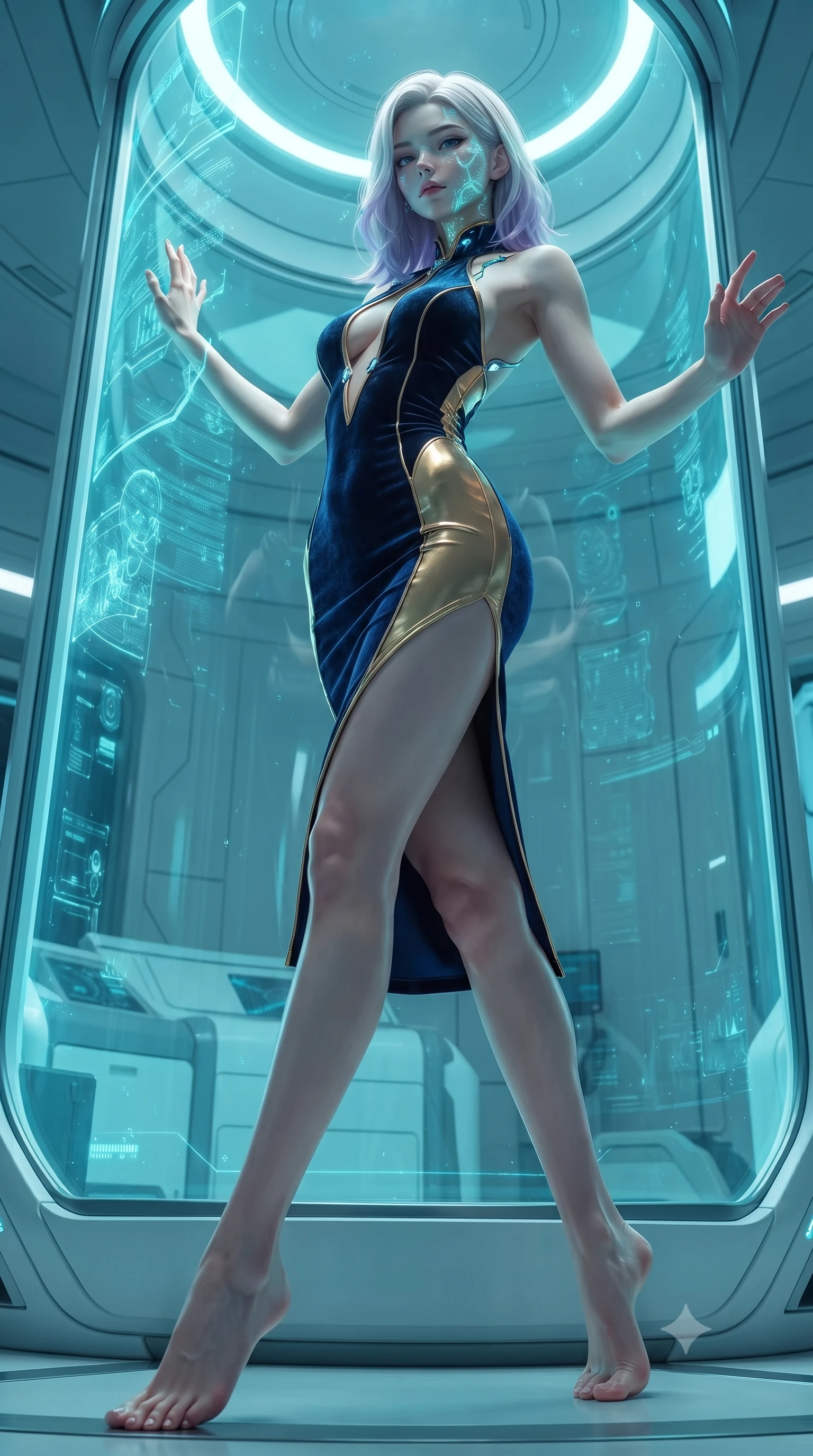 score_9, masterpiece, best quality, ultra-detailed, high-budget anime keyframe, editorial fashion photography, tasteful artistic composition, Caucasian woman. low angle full-body shot from head to toe showing her feet, filling the entire 9:16 vertical frame with her statuesque presence, stretching her vertical silhouette. arching her back in a fluid zero-gravity turn with sovereign grace, her long slender legs and sculpted torso creating a sweeping line while pressing both hands and torso against the curved glass of a glowing nano-fluid incubation chamber. The surrounding environment is rendered in vivid detail and crisp panoramic clarity. pristine futuristic bio-technology architecture captured with environmental sharpness. She has an absolutely perfect, statuesque 8.5-heads proportion, an exceptionally tall and slender model-like female figure with impossibly long slender legs and an ultra-slim waist. sharp v-shaped jawline, high-bridge nose, intricate jewel-like eyes with depth, thick eyelashes, glossy lips with a natural sheen, flawlessly proportioned anatomical accuracy, natural body alignment, perfectly sculpted elegant limbs, clean dynamic posture without body distortion. wearing a velvet halter-neck midi dress fitting her statuesque contour flawlessly with a Tasteful chest slit and open spine in midnight sapphire blue and glowing gold filaments, made of liquid metal jersey that clings flawlessly to every contour of her build, featuring a dangerously unzipped neckline framed by glowing cybernetic accents, the form-contouring second-skin material highlighting her ultra-slim waist and long lines. illuminated by cool cyan diagnostic holograms and crisp specular highlights on glass. ultra-reflective glossy finish, specular highlights, metallic sheen, high-contrast stereoscopic depth, volumetric dynamic lighting, 2k, ultra detail, master piece, 9:16 ratio