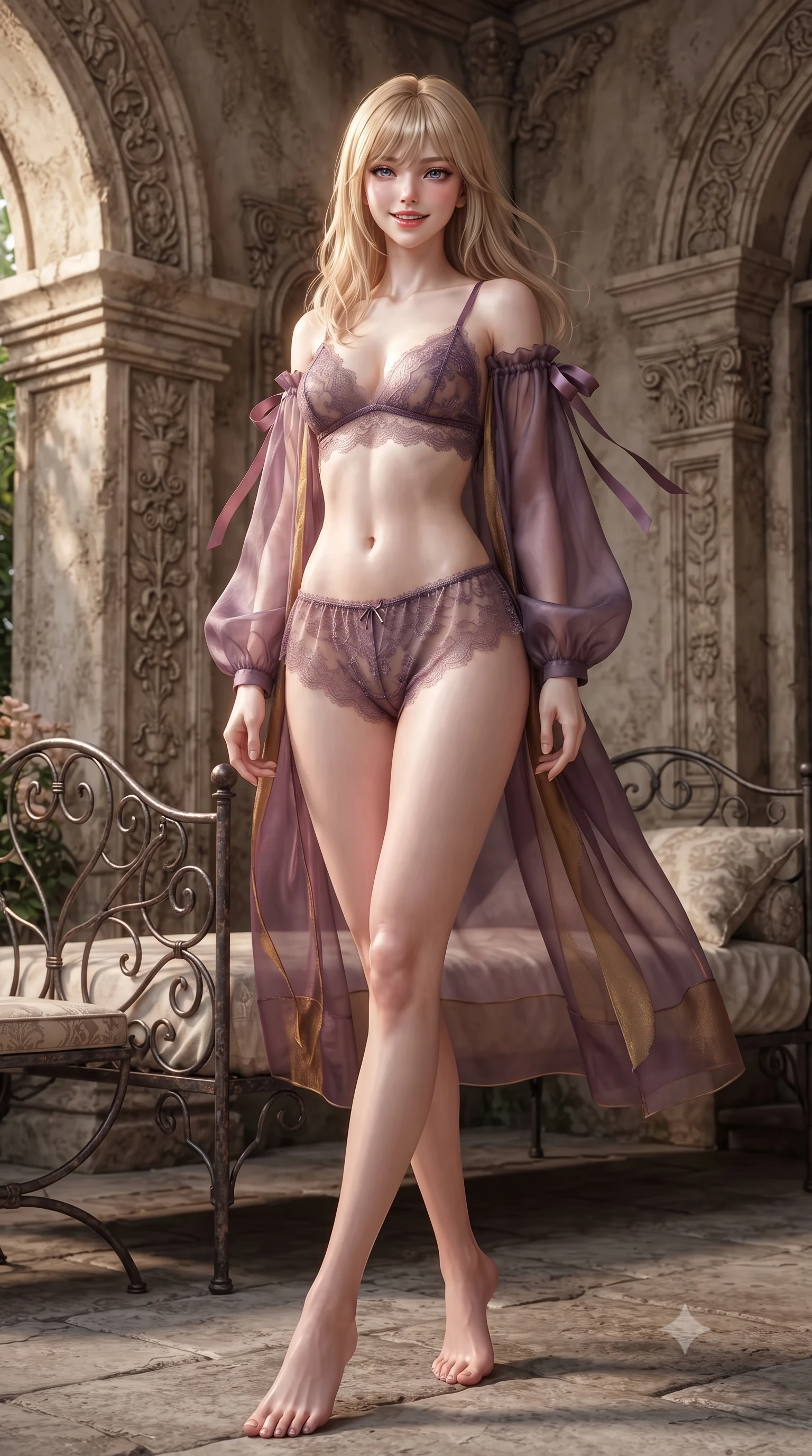 score_9, masterpiece, best quality, ultra-detailed, high-budget anime keyframe, editorial fashion photography, tasteful artistic composition, Japanese woman. low angle full-body shot from head to toe showing her feet, filling the entire 9:16 vertical frame with her statuesque presence, stretching her vertical silhouette. lounging on the lavish daybed with legs crossed and hips angled toward the camera, displaying her toned midriff and long slender limbs with effortless siren poise while sitting gracefully on the wrought-iron garden settee with legs crossed, flashing an enchanting smile with parted glossy lips. The surrounding environment is rendered in vivid detail and crisp panoramic clarity: detailed garment tailoring, delicate trims, and rustic French aristocracy craft in razor-sharp precision. She has an exceptionally tall and slender model-like 8.5-heads proportion, an ultra-slim waist, a flat toned midriff, narrow delicate ribcage, and beautifully sculpted feminine hips creating a graceful, slim hourglass silhouette without any bulky heaviness, with impossibly long slender legs. sharp v-shaped jawline, high-bridge nose, intricate jewel-like sparkling eyes with depth, thick eyelashes, glossy parted lips with a natural peach sheen, bright cheerful beaming smile with an enchanting and coquettish sensual glint, exuding both youthful cute charm and seductive allure, flawlessly proportioned anatomical accuracy, strict slender model proportions, natural body alignment, perfectly sculpted long slender limbs, ultra-slim waistline, clean dynamic posture without body distortion. wearing a sheer silk organza modern caftan robe worn loose and slipping off bare shoulders over a matching satin bralette and micro-shorts in Scottish Highlands heather thistle purple and antique hearth ember gold, made of delicate semi-sheer French Chantilly lace with intricate eyelash edges, finished with satin ribbon ties at the shoulders fluttering in the gentle breeze, the glove-like clinging cut tightly following the natural contour of her hips and long slender legs with youthful 8.5-heads elegance. illuminated by copper vessel reflection bounce and sharp rose-gold rim lights sculpting her jawline, narrow waist, and curvy hips. ultra-reflective glossy finish, specular highlights, rich textural contrasts, high-contrast stereoscopic depth, volumetric dynamic lighting, 2k, ultra detail, master piece, 9:16 ratio