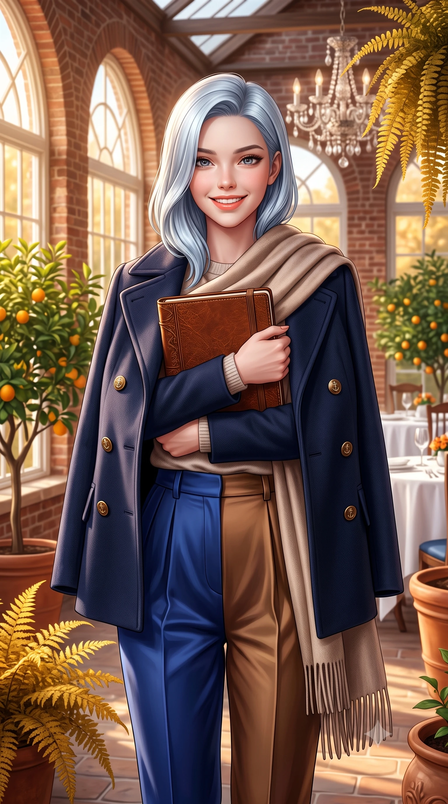 score_9, masterpiece, best quality, ultra-detailed, high-budget anime keyframe, semi-realistic 3D game render, editorial fashion photography, tasteful artistic composition, Korean woman. close-up cowboy shot from the waist and thighs up, the character dominates the composition, filling the frame with her large presence. holding a leather notebook close to her chest with both arms, smiling delightfully with youthful scholarly grace while standing amidst potted citrus trees and cascading golden ferns inside the historic brick orangery, smiling warmly at the camera. The background shows a soft-focus antique crystal chandelier and white linen tea tables softened in royal afternoon tea shallow focus. She has an exceptionally elegant, slender, and willowy female figure with an ultra-slim waist, flat toned midriff, narrow ribcage, and sculpted feminine hips creating an alluring, slim hourglass silhouette without bulk. sharp v-shaped jawline, high-bridge nose, intricate jewel-like sparkling eyes with depth, thick eyelashes, glossy parted lips with a natural peach sheen, bright cheerful beaming smile with an enchanting and coquettish sensual glint, exuding both youthful cute charm and seductive allure, flawlessly proportioned anatomical accuracy, strict slender model proportions, natural body alignment, perfectly sculpted long slender limbs, ultra-slim waistline, clean dynamic posture without body distortion. wearing a navy tailored wool peacoat with anchor buttons layered over a soft merino wool sweater and pressed pleated slacks in royal sapphire blue and antique brushed bronze, crafted from fluid mulberry silk twill with an understated lustrous pearl finish, accented with a wide brushed cashmere fringe scarf draped elegantly over one shoulder, the precision-cut high-waisted tailoring accentuating her ultra-slim waist and long slender leg line with immaculate aristocratic poise. bathed in warm 3200K autumn sunlight streaming through floor-to-ceiling arched south-facing conservatory windows. highly saturated vibrant anime colors, detailed shading with soft gradients, rich glossy textures, high-contrast stereoscopic depth, volumetric dynamic lighting, master piece, 9:16 ratio