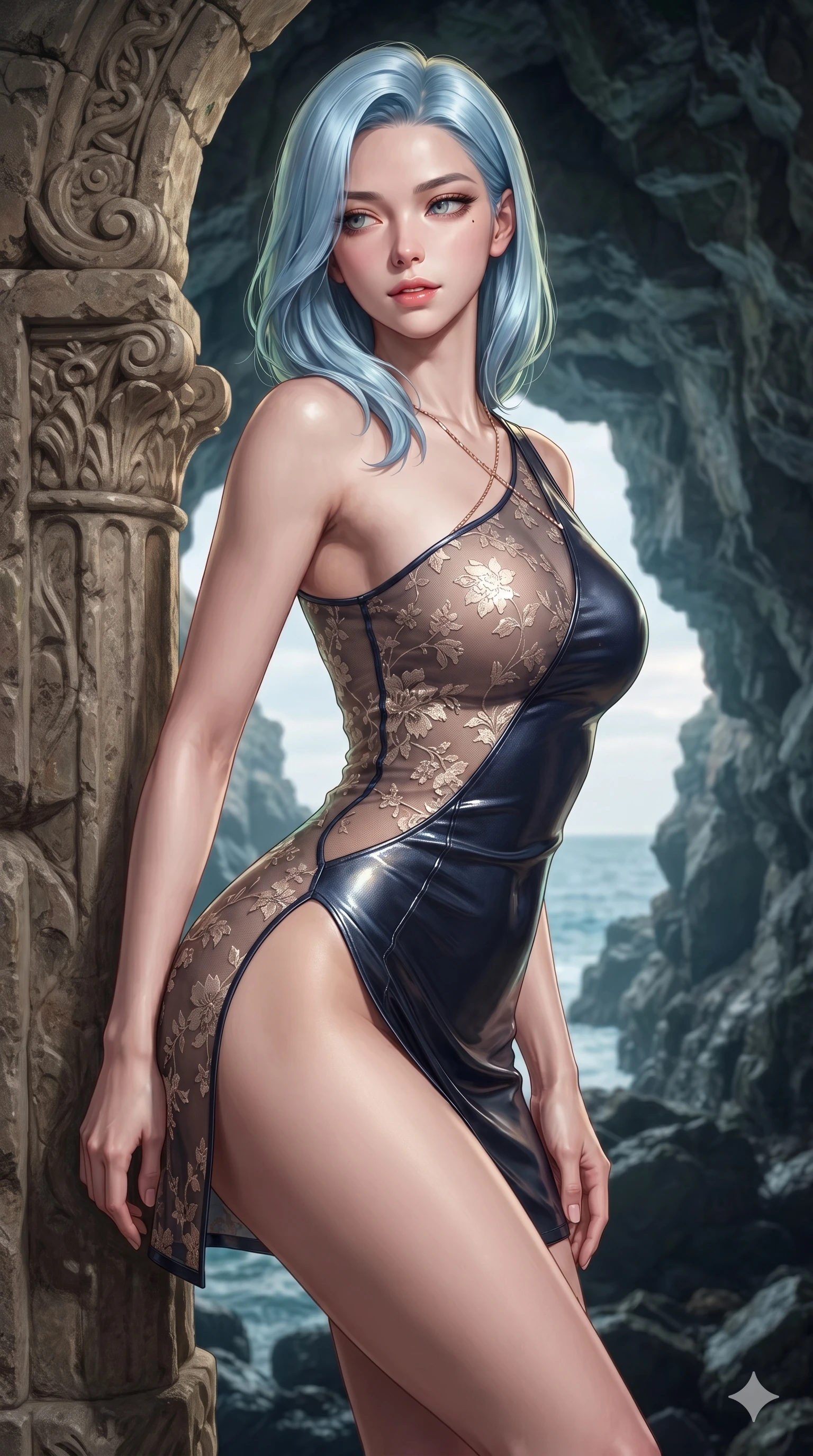 score_9, masterpiece, best quality, ultra-detailed, high-budget anime keyframe, editorial fashion photography, tasteful artistic composition, Korean woman. close-up cowboy shot from the waist and thighs up, the character dominates the composition, filling the frame with her large presence. twisting her slender torso in a deep contrapposto stance, hips dramatically shifted to accentuate her feminine curves while looking past her shoulder with smoldering bedroom-eyes while leaning against the sculpted stone portal with hips cocked back, looking through the sea cave opening with heavy-lidded seductive bedroom-eyes. The surrounding environment is rendered in vivid detail and crisp panoramic clarity: detailed liquid metallic lamé one-piece tailoring, hip-high side cutouts, and sea cavern geology in razor-sharp precision. She has an exceptionally elegant, slender, and willowy female figure with an ultra-slim waist, flat toned midriff, narrow ribcage, and sculpted feminine hips creating an alluring, slim hourglass silhouette without bulk. sharp v-shaped jawline, high-bridge nose, sparkling eyes with hypnotic seductive depth, thick curled eyelashes, glossy parted lips with a natural dewy peach sheen, alluring bedroom-eyes with an enchanting coquettish smile, exuding magnetic siren charisma and sophisticated glamour, flawlessly proportioned anatomical accuracy, strict slender model proportions, natural body alignment, perfectly sculpted long slender limbs, ultra-slim waistline, clean dynamic posture without body distortion. wearing an asymmetric one-shoulder metallic leather mini dress with a dramatic side slit hugging her narrow waist and hips in French Riviera navy and crisp champagne gold, made of sheer contouring power-mesh with delicate floral flocking patterns, accented with a gold body chain harness subtly framing her dewy collarbones and spine, the precision-cut side openings and low-back scoop framing her graceful spine and the sensual sweep of her slim, toned hips. illuminated by jade water bounce and sharp golden-emerald rim lights defining her razor-sharp jawline, narrow waist, and curvy hips. ultra-reflective glossy finish, specular highlights, rich textural contrasts, high-contrast stereoscopic depth, volumetric dynamic lighting, 2k, ultra detail, master piece, 9:16 ratio