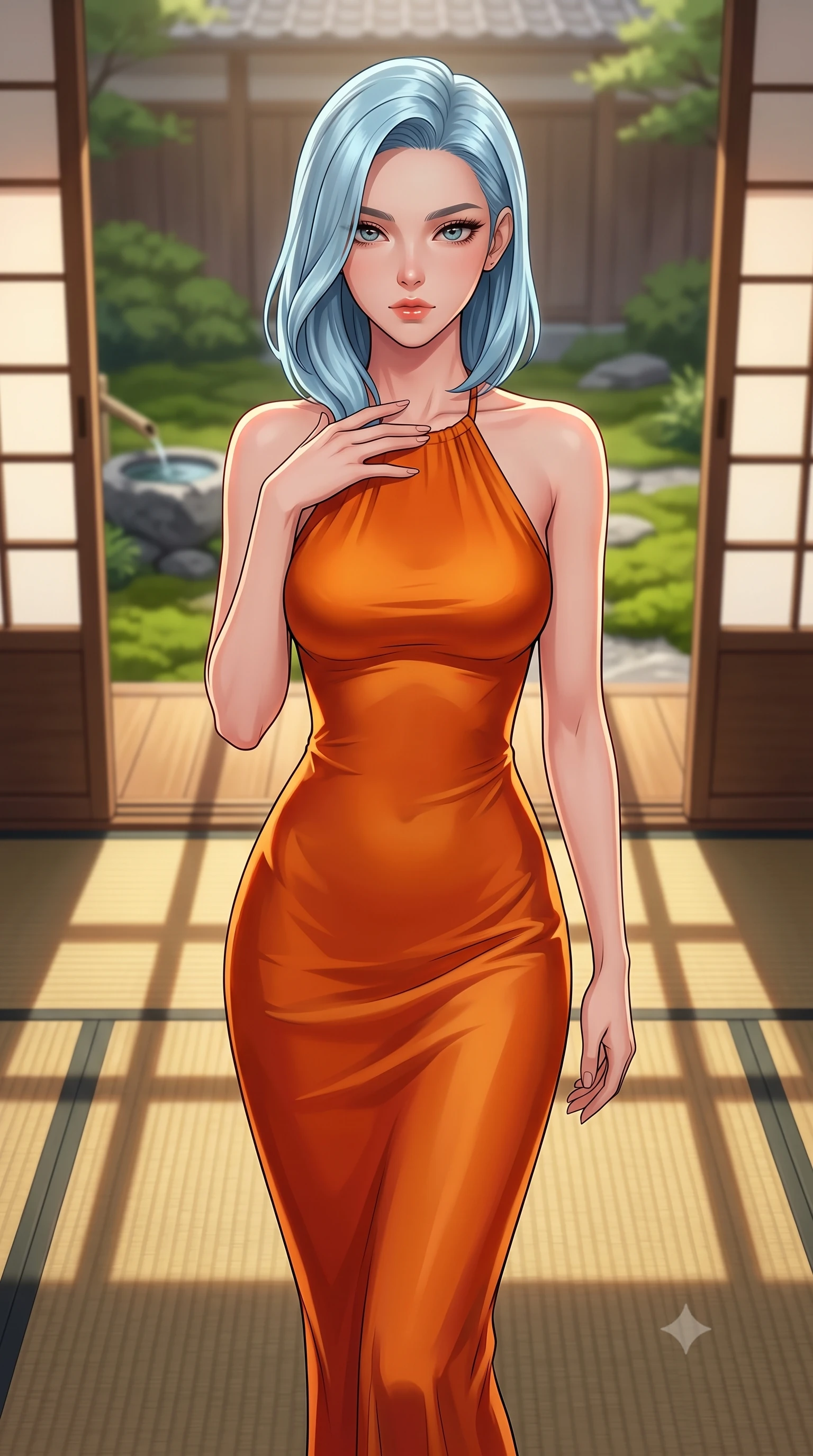 score_9, masterpiece, best quality, ultra-detailed, high-budget anime keyframe, tasteful artistic composition, Korean woman. close-up cowboy shot from the waist and thighs up, the character dominates the composition, filling the frame with her large presence, background elements kept in soft focus. standing with one hand resting on her collarbone, looking at the viewer with bedroom-eyes the background shows a soft-focus a private moss garden veranda facing a small stone basin through sliding doors. She has an exceptionally elegant, slender, and willowy female figure with an ultra-slim waist, a gracefully sculpted slender torso, and a refined silhouette. sharp v-shaped jawline, high-bridge nose, intricate jewel-like eyes with depth, thick eyelashes, glossy lips with a natural sheen. wearing a slim-fit form-fitting liquid silk halter-neck maxi dress in sunset orange, draped elegantly to highlight her slender frame. soft late afternoon sunrays casting long wooden grid shadows on the tatami. highly saturated vibrant anime colors, cel-shading, 2d style, master piece, 9:16 ratio