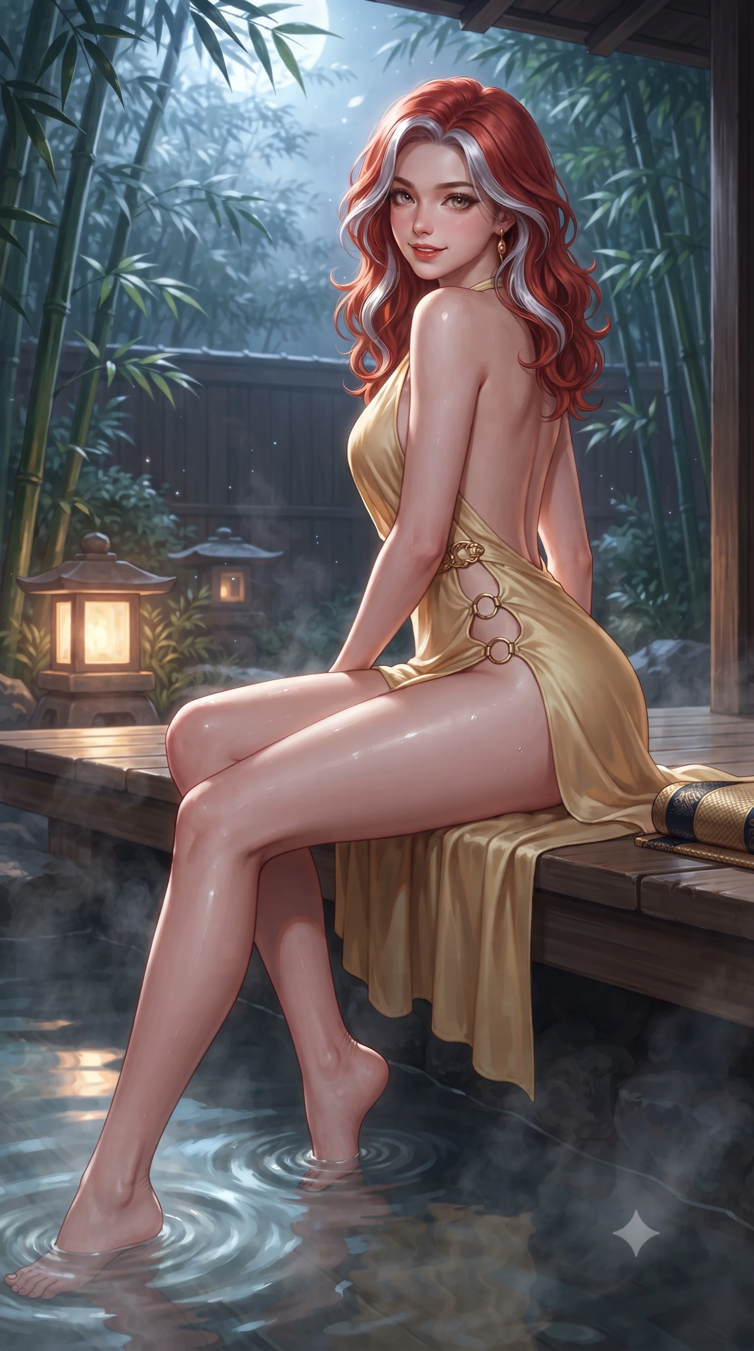 score_9, masterpiece, best quality, ultra-detailed, high-budget anime keyframe, editorial fashion photography, tasteful artistic composition, Caucasian woman. low angle full-body shot from head to toe showing her feet, filling the entire 9:16 vertical frame with her statuesque presence, stretching her vertical silhouette. walking along the terrace with poise, looking back over her bare shoulder with an irresistible smoldering bedroom-gaze while sitting perched on the wooden onsen deck with legs dipped in steaming thermal water, flashing an enchanting, flirtatious smile. The surrounding environment is rendered in vivid detail and crisp panoramic clarity: detailed backless silk robe dress cling slipping off shoulders, obi belt texture, and master ryokan woodcraft in razor-sharp precision. She has an exceptionally tall and slender model-like 8.5-heads proportion, an ultra-slim waist, a flat toned midriff, narrow delicate ribcage, and beautifully sculpted feminine hips creating a graceful, slim hourglass silhouette without any bulky heaviness, with impossibly long slender legs. sharp v-shaped jawline, high-bridge nose, intricate jewel-like sparkling eyes with depth, thick eyelashes, glossy parted lips with a natural peach sheen, bright cheerful beaming smile with an enchanting and coquettish sensual glint, exuding both youthful cute charm and seductive allure, flawlessly proportioned anatomical accuracy, strict slender model proportions, natural body alignment, perfectly sculpted long slender limbs, ultra-slim waistline, clean dynamic posture without body distortion. wearing a backless Grecian silk chiffon mini dress with a deep plunging V-neckline and gold waist brooch in Dubai desert golden hour amber and pure starlight platinum, made of fluid liquid jersey with seamless sculpting hold and smooth contours, finished with fine gold ring clasps securing the daring side openings along her hip line, the high-slit wrap tailoring accentuating her ultra-slim waistline and the enchanting curve of her feminine hips with alluring seductive charm. bathed in mystical cool silver moonlight filtering through swaying bamboo leaves combined with warm 2700K stone lantern glow. ultra-reflective glossy finish, specular highlights, rich textural contrasts, high-contrast stereoscopic depth, volumetric dynamic lighting, 2k, ultra detail, master piece, 9:16 ratio