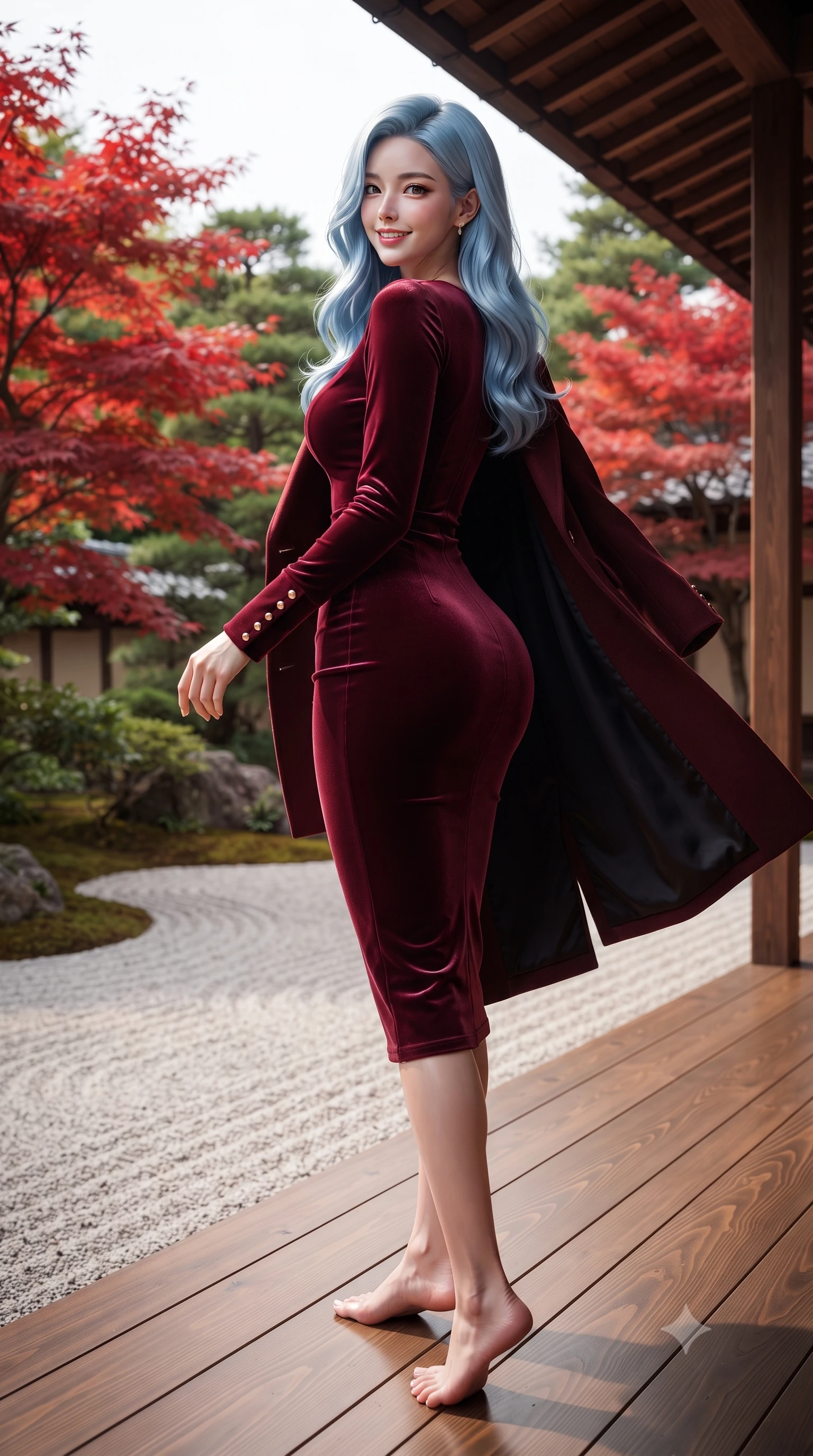score_9, masterpiece, best quality, ultra-detailed, high-budget anime keyframe, editorial fashion photography, tasteful artistic composition, Korean woman. low angle full-body shot from head to toe showing her feet, filling the entire 9:16 vertical frame with her statuesque presence, stretching her vertical silhouette. pausing along the promenade and turning back toward the camera with an infectious, delightful smile, her form-fitting silhouette highlighting her curvy hips and slim waist while walking along the exterior wooden gallery overlooking raked white gravel and flaming crimson maple leaves, her tailored coat flowing with poise. The surrounding environment is rendered in vivid detail and crisp panoramic clarity: sharp fine grain on polished hinoki cypress veranda planks, precise raked lines in granite sand, and maple leaf serrations in deep focus. She has an exceptionally tall and slender model-like 8.5-heads proportion, an ultra-slim waist, a flat toned midriff, narrow delicate ribcage, and beautifully sculpted feminine hips creating a graceful, slim hourglass silhouette without any bulky heaviness, with impossibly long slender legs. sharp v-shaped jawline, high-bridge nose, intricate jewel-like sparkling eyes with depth, thick eyelashes, glossy parted lips with a natural peach sheen, bright cheerful beaming smile with an enchanting and coquettish sensual glint, exuding both youthful cute charm and seductive allure, flawlessly proportioned anatomical accuracy, strict slender model proportions, natural body alignment, perfectly sculpted long slender limbs, ultra-slim waistline, clean dynamic posture without body distortion. wearing a form-fitting liquid velvet cocktail midi dress in rich burgundy with long sleeves and a snug waist contour in Kyoto autumn maple crimson and deep ink black, woven from fluid liquid silk jersey that clings smoothly to her narrow waist and rounded hips with a dewy sheen, accented with delicate gold button studs trailing down the snug sleeve cuffs, the liquid-tight tailored fabric clinging flawlessly to her narrow waist and rounded feminine hips, emphasizing every millimeter of her sculpted slim hourglass curves without any bulky heaviness. illuminated by white gravel garden bounce and warm vermilion-gold rim lights defining her delicate features, jawline, and graceful silhouette. ultra-reflective glossy finish, specular highlights, rich textural contrasts, high-contrast stereoscopic depth, volumetric dynamic lighting, 2k, ultra detail, master piece, 9:16 ratio