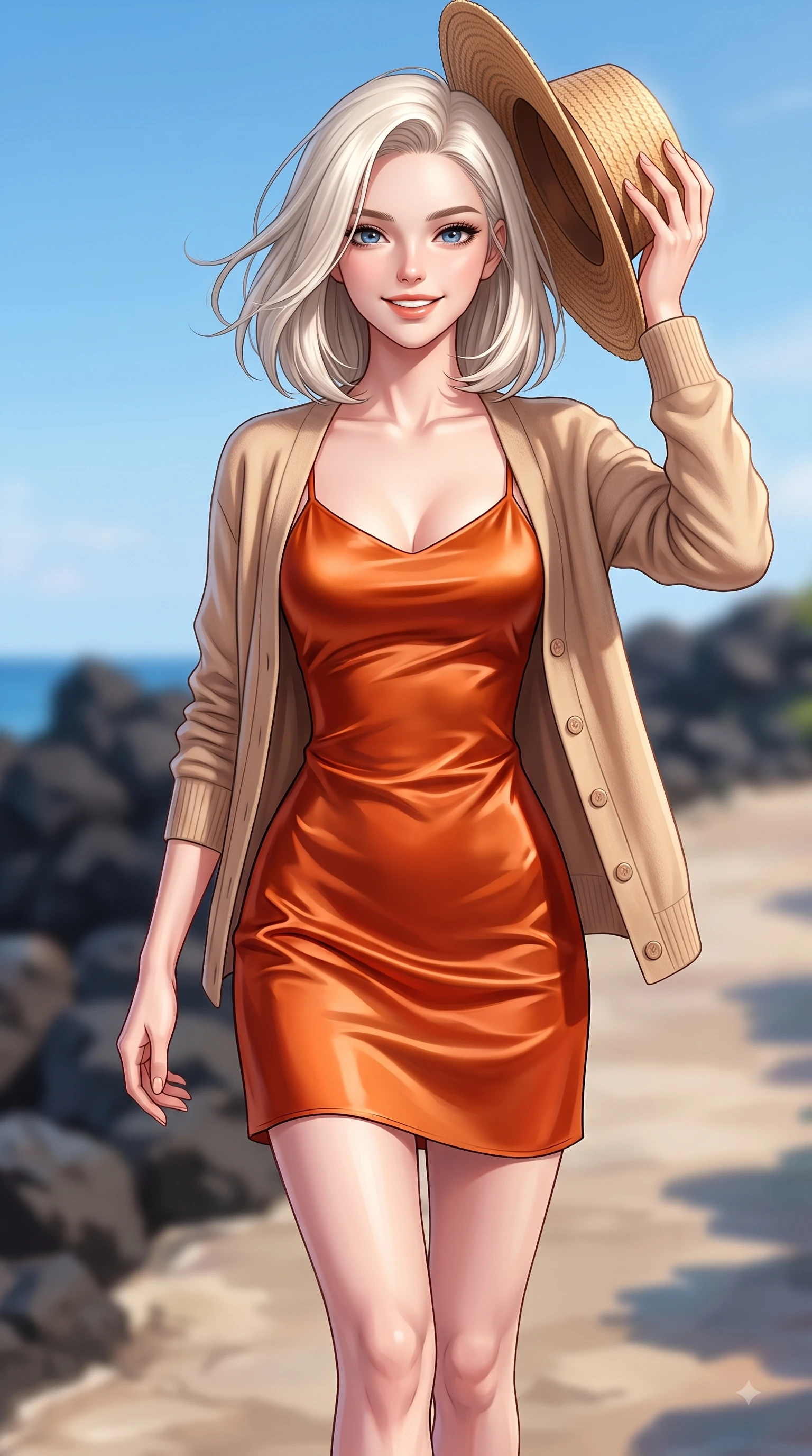 score_9, masterpiece, best quality, ultra-detailed, high-budget anime keyframe, editorial fashion photography, tasteful artistic composition, Caucasian woman. close-up cowboy shot from the waist and thighs up, the character dominates the composition, filling the frame with her large presence. Gazing directly into the camera with a fresh, infectious smile as her torso curves dynamically in mid-stride while holding her straw hat lightly against the fresh sea breeze while smiling at the camera. The composition keeps background elements in soft focus with dreamy bokeh. dark basalt rocks and clear blue skies softened with a gentle background blur. She has an exceptionally elegant, slender, and willowy female figure with an ultra-slim waist, a gracefully sculpted slender torso, and a refined silhouette. sharp v-shaped jawline, high-bridge nose, intricate jewel-like eyes with depth, thick eyelashes, glossy lips with a natural sheen, flawlessly proportioned anatomical accuracy, natural body alignment, perfectly sculpted elegant limbs, clean dynamic posture without body distortion. wearing a glossy satin slip dress layered under a soft cashmere cardigan in bright burnt orange and warm beige, tailored from fine wool crepe with clean lines, accented with a Tasteful chest slit framing her clavicle gracefully, the glove-like fit emphasizing her statuesque silhouette during motion. surrounded by a fresh, sun-drenched, and relaxing vacation atmosphere. highly saturated vibrant anime colors, detailed shading with soft gradients, rich glossy textures, high-contrast stereoscopic depth, volumetric dynamic lighting, master piece, 9:16 ratio