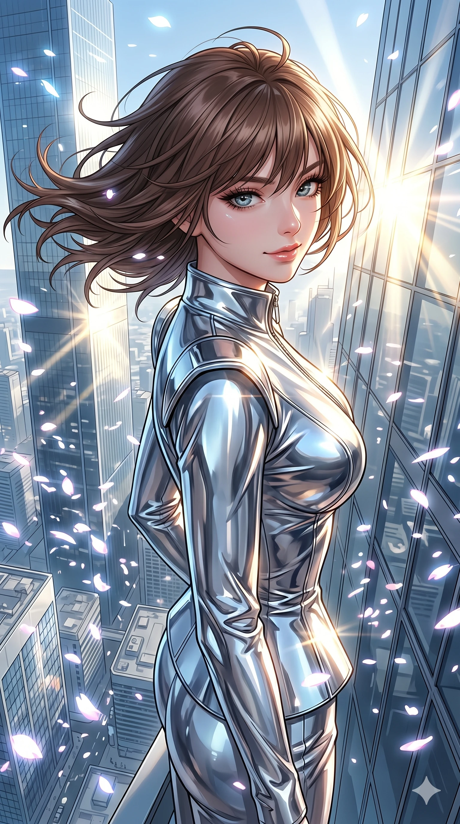 score_9, masterpiece, best quality, ultra-detailed, high-budget anime keyframe, editorial fashion photography, tasteful artistic composition, Korean woman. Upper body close-up from the thighs up, character filling the screen for maximum presence. She is standing on the edge of a skyscraper, her hair and clothes whipping in the wind as cybernetic sakura petals blizzard around. She twists her upper body dramatically with a confident half-smile. She has an absolutely perfect 8-heads proportion, a tall and elegant figure with a refined silhouette and a defined waistline. V-shaped jawline, high-bridge nose, intricate jewel-like eyes with depth, thick eyelashes, glossy lips with a natural sheen. She is wearing a sleek tailored top in liquid-chrome finish that complements her silhouette, styled with sophisticated architectural shoulder accents and a modern zip collar. The scene is bathed in brilliant morning sunlight and sharp sun rays reflecting off distant glass skyscrapers. 2k, ultra detail, master piece, 9:16 ratio