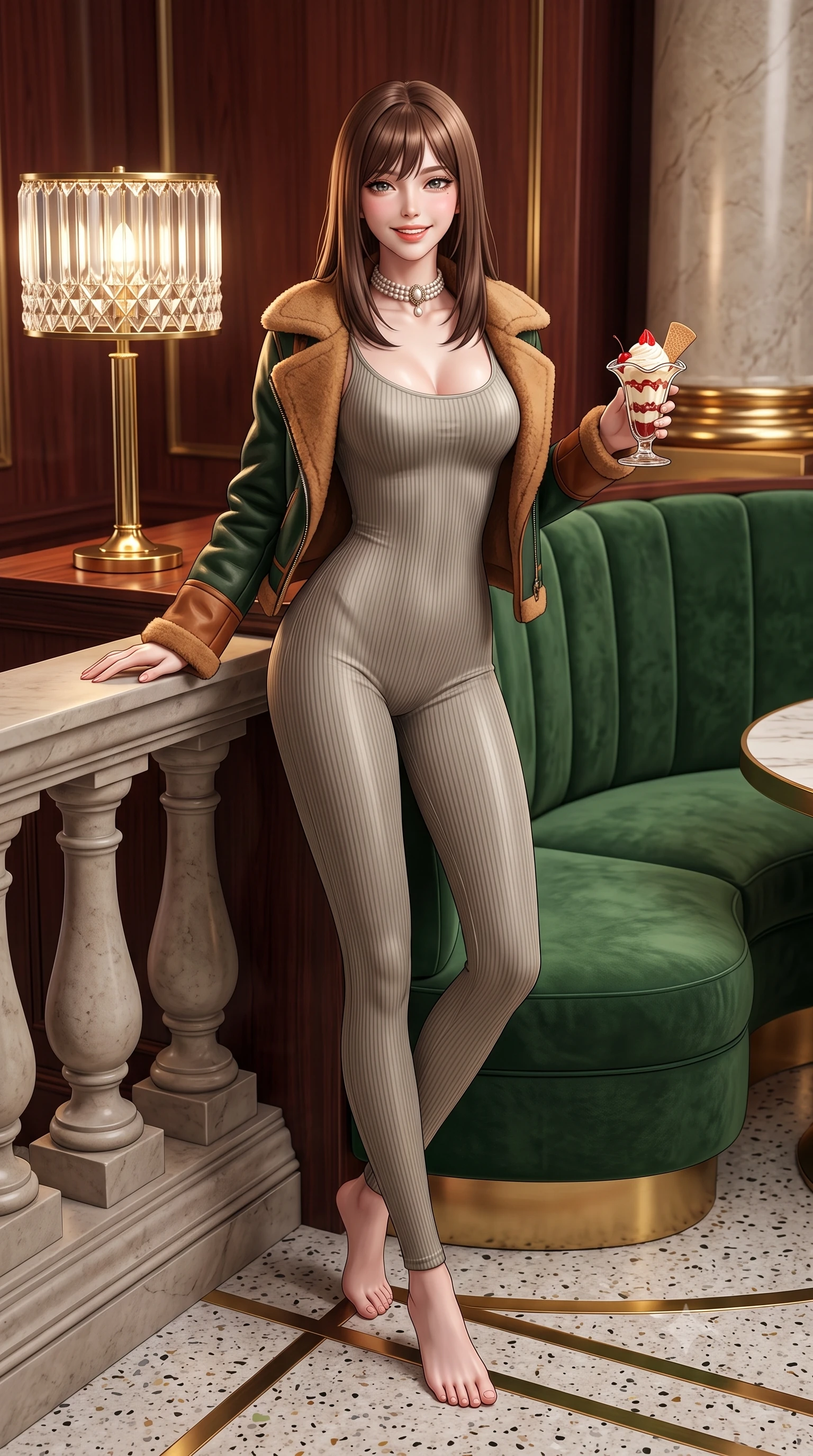 score_9, masterpiece, best quality, ultra-detailed, high-budget anime keyframe, semi-realistic 3D game render, editorial fashion photography, tasteful artistic composition, Korean woman. low angle full-body shot from head to toe showing her feet, filling the entire 9:16 vertical frame with her statuesque presence, stretching her vertical silhouette. standing poised beside the classical stone balustrade with one foot slightly forward, arching her lower back with regal supermodel grace while sitting poised in a curved forest green velvet booth beside a polished brass lamp, smiling cheerfully over a vintage parfait glass. The surrounding environment is rendered in vivid detail and crisp panoramic clarity: sharp brass geometric inlay strips in terrazzo flooring, cut-crystal lamp shade facets, and velvet upholstery pile in deep focus. She has an exceptionally tall and slender model-like 8.5-heads proportion, an ultra-slim waist, a flat toned midriff, narrow delicate ribcage, and beautifully sculpted feminine hips creating a graceful, slim hourglass silhouette without any bulky heaviness, with impossibly long slender legs. sharp v-shaped jawline, high-bridge nose, intricate jewel-like sparkling eyes with depth, thick eyelashes, glossy parted lips with a natural peach sheen, bright cheerful beaming smile with an enchanting and coquettish sensual glint, exuding both youthful cute charm and seductive allure, flawlessly proportioned anatomical accuracy, strict slender model proportions, natural body alignment, perfectly sculpted long slender limbs, ultra-slim waistline, clean dynamic posture without body distortion. wearing an ultra-snug ribbed merino wool catsuit jumpsuit tracing her long slender limbs and narrow waist under an open shearling jacket in heritage British racing green and warm cognac brown, woven from fluid liquid silk jersey that clings smoothly to her narrow waist and rounded hips with a dewy sheen, complemented by an antique baroque pearl choker accentuating her delicate neck and collarbones, the snug waist-cinching tailoring accentuating her ultra-slim waistline and the enchanting curve of her feminine hips with alluring seductive charm. illuminated by rosewood wall and brass reflection bounce with crisp champagne rim lights defining her cheekbones and slender waist. highly saturated vibrant anime colors, detailed shading with soft gradients, rich glossy textures, high-contrast stereoscopic depth, volumetric dynamic lighting, master piece, 9:16 ratio