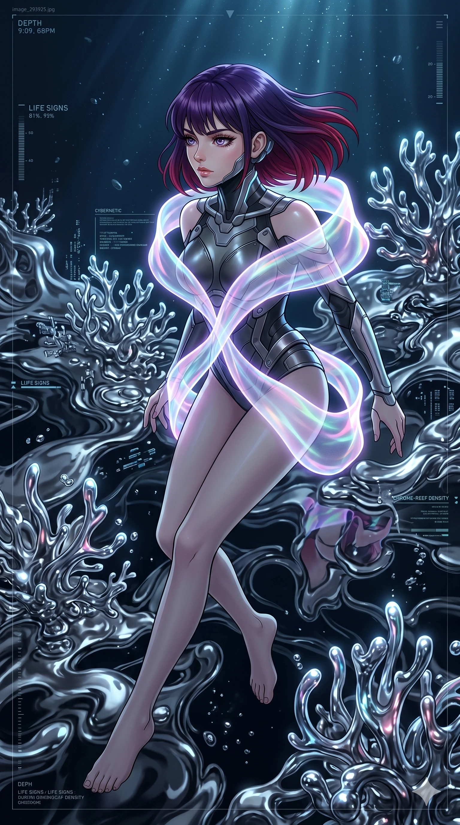 score_9, masterpiece, best quality, ultra-detailed, high-budget anime keyframe, Caucasian woman, strictly human ears. upper body close-up from the thighs up, character filling the screen for maximum presence. diving through a bionic fluid mercury reef where self-replicating liquid chrome corals pulse under dark ocean water. She has an absolutely perfect 8-heads proportion, an exceptionally tall and slender female figure with impossibly long slender legs and an ultra-slim waist. V-shaped jawline, high-bridge nose, intricate jewel-like eyes with depth, thick eyelashes, glossy lips with a natural sheen.. wearing a cybernetic bodysuit with a holographic ribbon, featuring a precision-fitted structured bodysuit wrapped in a translucent flowing holographic organza ribbon. enhanced by a luminous pastel spectrum glow, casting elegant rim lights on her shoulders and jawline. 2k, ultra detail, master piece, 9:16 ratio