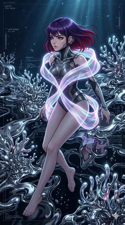 score_9, masterpiece, best quality, ultra-detailed, high-budget anime keyframe, Caucasian woman, strictly human ears. upper body close-up from the thighs up, character filling the screen for maximum presence. diving through a bionic fluid mercury ree