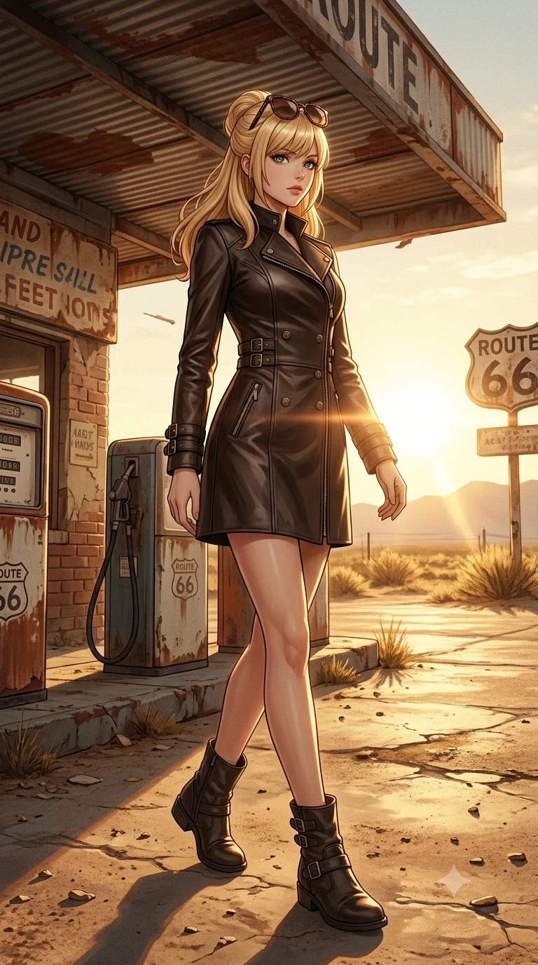 score_9, masterpiece, best quality, ultra-detailed, high-budget anime keyframe, semi-realistic 3D game render, editorial fashion photography, tasteful artistic composition, Caucasian woman. low angle full-body shot from head to toe showing her feet, filling the entire 9:16 vertical frame with her statuesque presence, stretching her vertical silhouette. walking along the waterfront terrace with poise, looking back over her bare shoulder with an irresistible smoldering bedroom-gaze while standing tall under the rusted tin station overhang, arching her lower back with sovereign supermodel grace while gazing down the lonely desert highway. The background shows a soft-focus abandoned roadside Americana softened in Route 66 gas station shallow focus. She has an absolutely perfect, statuesque 8.5-heads proportion, an exceptionally tall and slender model-like female figure with impossibly long slender legs, an ultra-slim waist, a flat toned midriff, narrow delicate ribcage, and beautifully sculpted feminine hips creating a graceful, slim hourglass silhouette without any bulky heaviness. sharp v-shaped jawline, high-bridge nose, sparkling eyes with hypnotic seductive depth, thick curled eyelashes, glossy parted lips with a natural dewy peach sheen, alluring bedroom-eyes with an enchanting coquettish smile, exuding magnetic siren charisma and sophisticated glamour, flawlessly proportioned anatomical accuracy, strict slender model proportions, natural body alignment, perfectly sculpted long slender limbs, ultra-slim waistline, clean dynamic posture without body distortion. wearing a structured double-breasted desert moto-coat dress with asymmetrical zipper and stand collar in dark espresso leather and warm amber highlights, woven from bespoke sun-bleached selvedge denim with rich tactile slub texture, complemented by oversized designer tortoiseshell sunglasses resting atop her head, the bespoke structured tailoring following the natural line of her 8.5-heads silhouette with refined elegance. bathed in low-angled golden-hour sunlight streaming horizontally beneath the canopy with long dramatic shadows and warm lens flares. highly saturated vibrant anime colors, detailed shading with soft gradients, rich glossy textures, high-contrast stereoscopic depth, volumetric dynamic lighting, master piece, 9:16 ratio