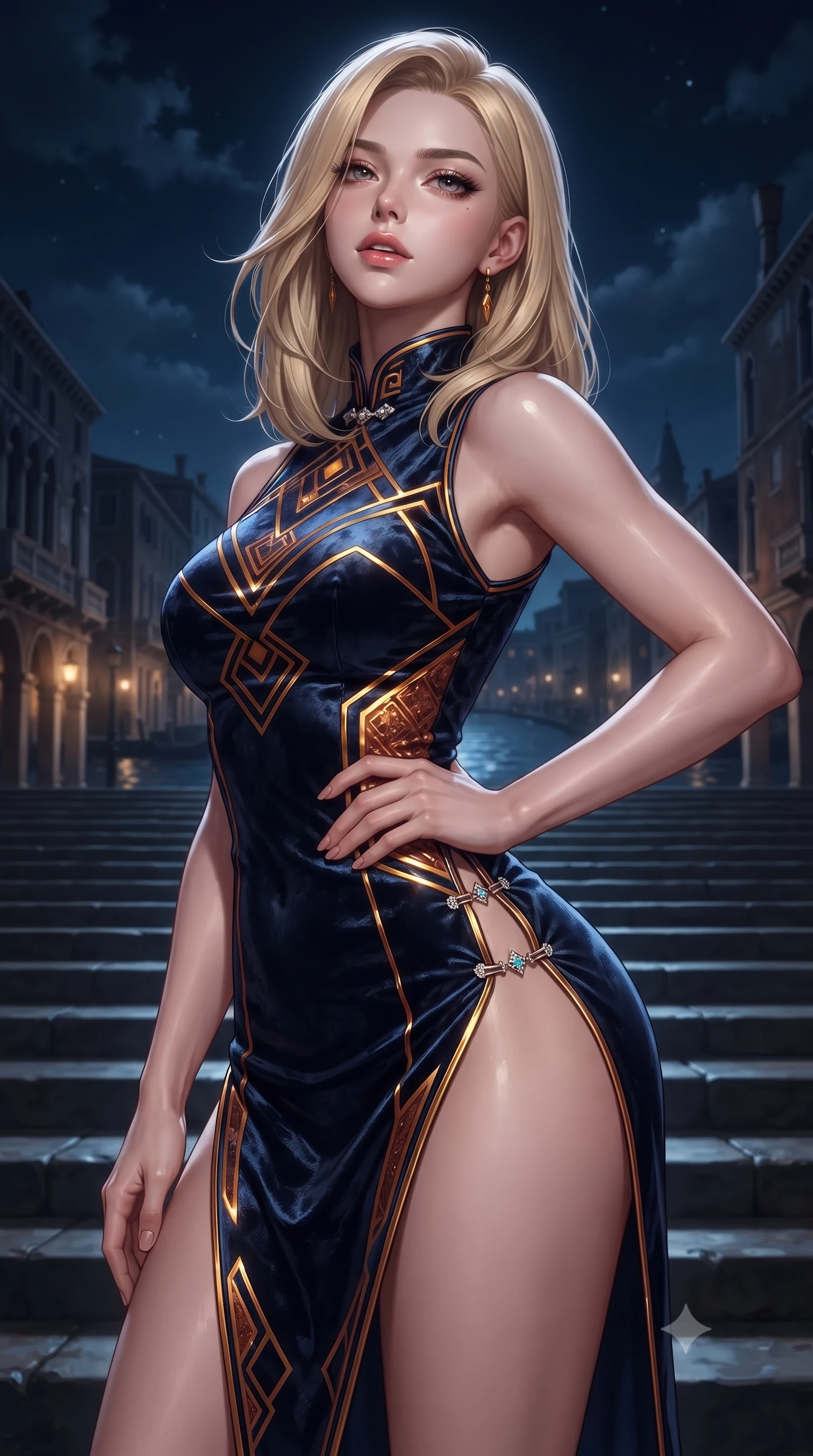 score_9, masterpiece, best quality, ultra-detailed, high-budget anime keyframe, editorial fashion photography, tasteful artistic composition, Korean woman. close-up cowboy shot from the waist and thighs up, the character dominates the composition, filling the frame with her large presence. tilting her chin up with proud, sovereign allure while gazing through thick eyelashes, one hand resting on her waist in pure supermodel charisma while gliding down the grand palace water steps with supermodel poise, her liquid dress clinging to her narrow waist and rounded hips in the moonlight. The surrounding environment is rendered in vivid detail and crisp panoramic clarity. rich high-contrast Venetian nocturnal chiaroscuro and decadent masquerade romance aesthetics in precision. She has an exceptionally elegant, slender, and willowy female figure with an ultra-slim waist, flat toned midriff, narrow ribcage, and sculpted feminine hips creating an alluring, slim hourglass silhouette without bulk. sharp v-shaped jawline, high-bridge nose, intricate jewel-like eyes with depth, thick eyelashes, glossy parted lips with a natural sheen, intensely captivating and seductive bedroom-eyes expression, flawlessly proportioned anatomical accuracy, strict slender model proportions, natural body alignment, perfectly sculpted long slender limbs, ultra-slim waistline, clean dynamic posture without body distortion. wearing a modernized cyber-qipao mini dress with an ultra-high side slit ascending to the hip and glowing piping in molten desert gold and burnt terracotta, crafted from heavyweight crushed silk velvet with liquid vintage luster, finished with an ultra-high side slit secured by miniature jeweled clasps, the liquid-tight tailored fabric clinging flawlessly to her narrow waist and rounded feminine hips, emphasizing every millimeter of her sculpted slim hourglass curves without any bulky heaviness. illuminated by crisp specular highlights defining her slender neckline, ultra-slim waist, and curvy hips. ultra-reflective glossy finish, specular highlights, rich textural contrasts, high-contrast stereoscopic depth, volumetric dynamic lighting, 2k, ultra detail, master piece, 9:16 ratio