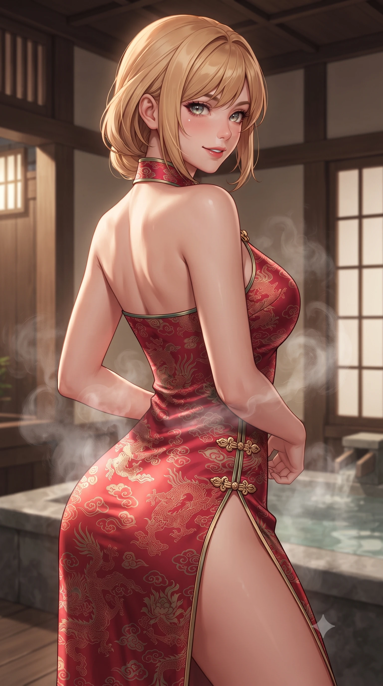 score_9, masterpiece, best quality, ultra-detailed, high-budget anime keyframe, editorial fashion photography, tasteful artistic composition, Caucasian woman. close-up cowboy shot from the waist and thighs up, the character dominates the composition, filling the frame with her large presence. posing in an alluring rear three-quarter angle, turning over a bare shoulder with an intoxicating gaze, her hips cocked back to highlight her slim hourglass curve while twisting her slender torso in an alluring contrapposto stance, rising mineral steam curling around her flat midriff and rounded feminine hips. The surrounding environment is rendered in vivid detail and crisp panoramic clarity: detailed loungewear texture, rosy flushed skin highlights, and prestigious ryokan architecture in razor-sharp precision. She has an exceptionally elegant, slender, and willowy female figure with an ultra-slim waist, flat toned midriff, narrow ribcage, and sculpted feminine hips creating an alluring, slim hourglass silhouette without bulk. sharp v-shaped jawline, high-bridge nose, intricate jewel-like dark sparkling almond eyes with depth, thick lashes, glossy parted lips with a natural rose-plum sheen, bright alluring and coquettish smile with bedroom-eyes, exuding both timeless oriental elegance and sovereign high-fashion allure, flawlessly proportioned anatomical accuracy, strict slender model proportions, natural body alignment, perfectly sculpted long slender limbs, ultra-slim waistline, clean dynamic posture without body distortion. wearing a backless crimson silk slip dress with oriental peony jacquard and a side hip slit ascending to the high waist in fresh bamboo emerald and soft oatmeal cream, made of rich jacquard silk with intricate embossed dragon and cloud motifs, accented with intricate gold frog buttons and a delicate mandarin collar, the glove-like silhouette tightly following the natural contour of her hips and long slender legs with youthful 8.5-heads elegance. illuminated by hot spring water caustics and sharp platinum rim lights carving her razor-sharp jawline, narrow waist, and curvy hips. ultra-reflective glossy finish, specular highlights, rich textural contrasts, high-contrast stereoscopic depth, volumetric dynamic lighting, 2k, ultra detail, master piece, 9:16 ratio