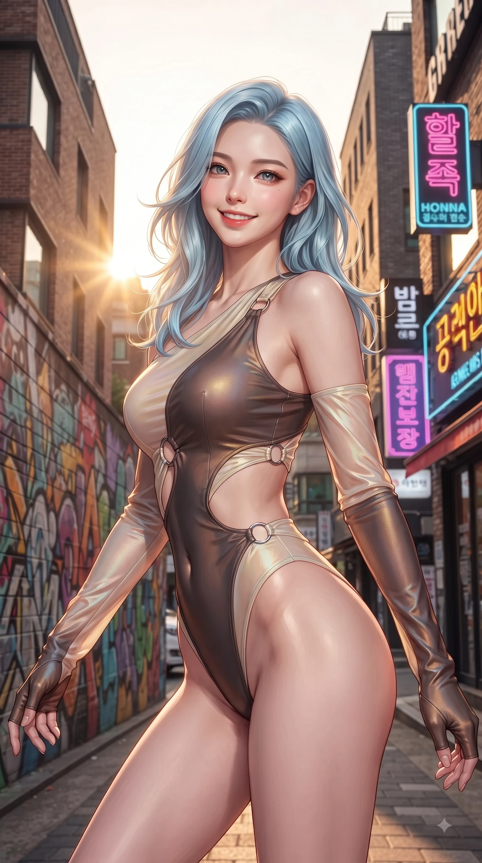 score_9, masterpiece, best quality, ultra-detailed, high-budget anime keyframe, editorial fashion photography, tasteful artistic composition, Korean woman. close-up cowboy shot from the waist and thighs up, the character dominates the composition, filling the frame with her large presence, background elements kept in soft focus. Youthful bright smile exuding pure cute charm and fresh energy, her torso turning dynamically into the lens while poised gracefully in front of a colorful graffiti wall on Hongdae fashion street at golden hour, warm golden hour sunbursts filtering between modern brick buildings. She has an exceptionally elegant, slender, and willowy female figure with an ultra-slim waist, a gracefully sculpted slender torso, and a refined silhouette. sharp v-shaped jawline, high-bridge nose, intricate jewel-like eyes with depth, thick eyelashes, glossy lips with a natural sheen, flawlessly proportioned anatomical accuracy, natural body alignment, perfectly sculpted elegant limbs, clean dynamic posture without body distortion. wearing an asymmetrical high-cut tech-bodysuit with detached sleeves in espresso brown and warm cream, crafted from iridescent chiffon that shifts colors in the light, accented with delicate chrome ring hardware framing her waist, the glove-like fit emphasizing her statuesque silhouette during motion. illuminated by vibrant neon shop signs and crisp clear afternoon key light. ultra-reflective glossy finish, specular highlights, metallic sheen, high-contrast stereoscopic depth, volumetric dynamic lighting, 2k, ultra detail, master piece, 9:16 ratio