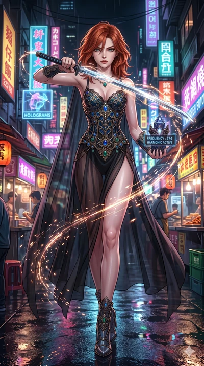score_9, masterpiece, best quality, ultra-detailed, Set A: High-budget Anime Keyframe, Caucasian (strictly human ears) woman. Low angle cowboy shot filling the entire 9:16 frame with her statuesque presence. Drawing a blade through a futuristic night