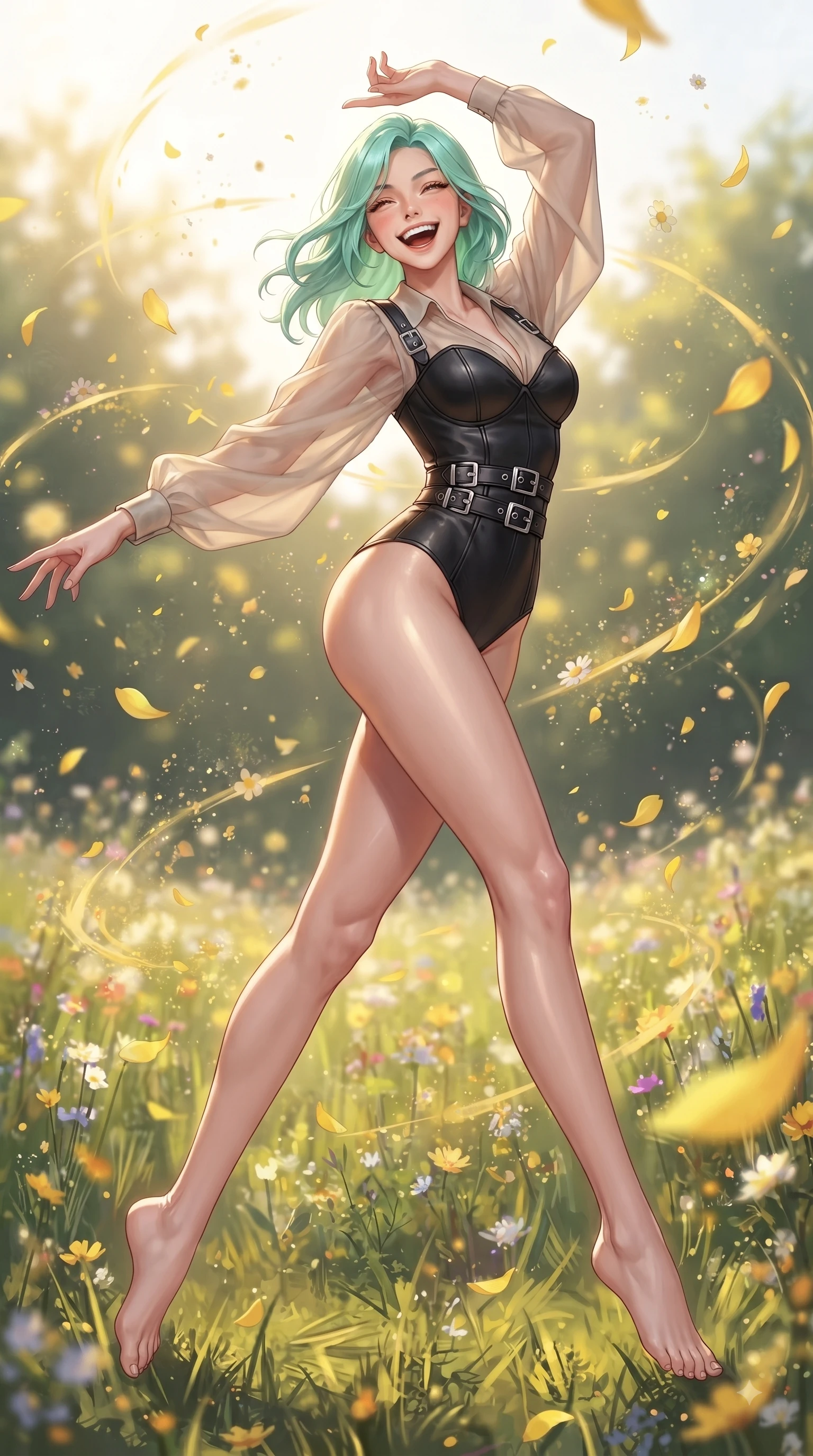 score_9, masterpiece, best quality, ultra-detailed, high-budget anime keyframe, editorial fashion photography, tasteful artistic composition, Japanese woman. low angle full-body shot from head to toe showing her feet, filling the entire 9:16 vertical frame with her statuesque presence, stretching her vertical silhouette. pivoting dynamically in zero-gravity with a delighted laughing expression, displaying her perfect model proportions while pivoting in a cheerful stride through a sunlit flower meadow with an open infectious smile, floating flower pollen and yellow petals drifting gracefully in dynamic orbital paths. She has an absolutely perfect, statuesque 8.5-heads proportion, an exceptionally tall and slender model-like female figure with impossibly long slender legs and an ultra-slim waist. sharp v-shaped jawline, high-bridge nose, intricate jewel-like eyes with depth, thick eyelashes, glossy lips with a natural sheen, flawlessly proportioned anatomical accuracy, natural body alignment, perfectly sculpted elegant limbs, clean dynamic posture without body distortion. wearing a tailored leather bustier over a sheer silk chiffon blouse in matte black and polished silver, crafted from lustrous satin jersey with fluid draping, detailed with polished silver buckles along the waistline, the tailored fabric tightly following every curve of her athletic build. surrounded by a vibrant, uplifting atmosphere filled with golden radiance. ultra-reflective glossy finish, specular highlights, metallic sheen, high-contrast stereoscopic depth, volumetric dynamic lighting, 2k, ultra detail, master piece, 9:16 ratio