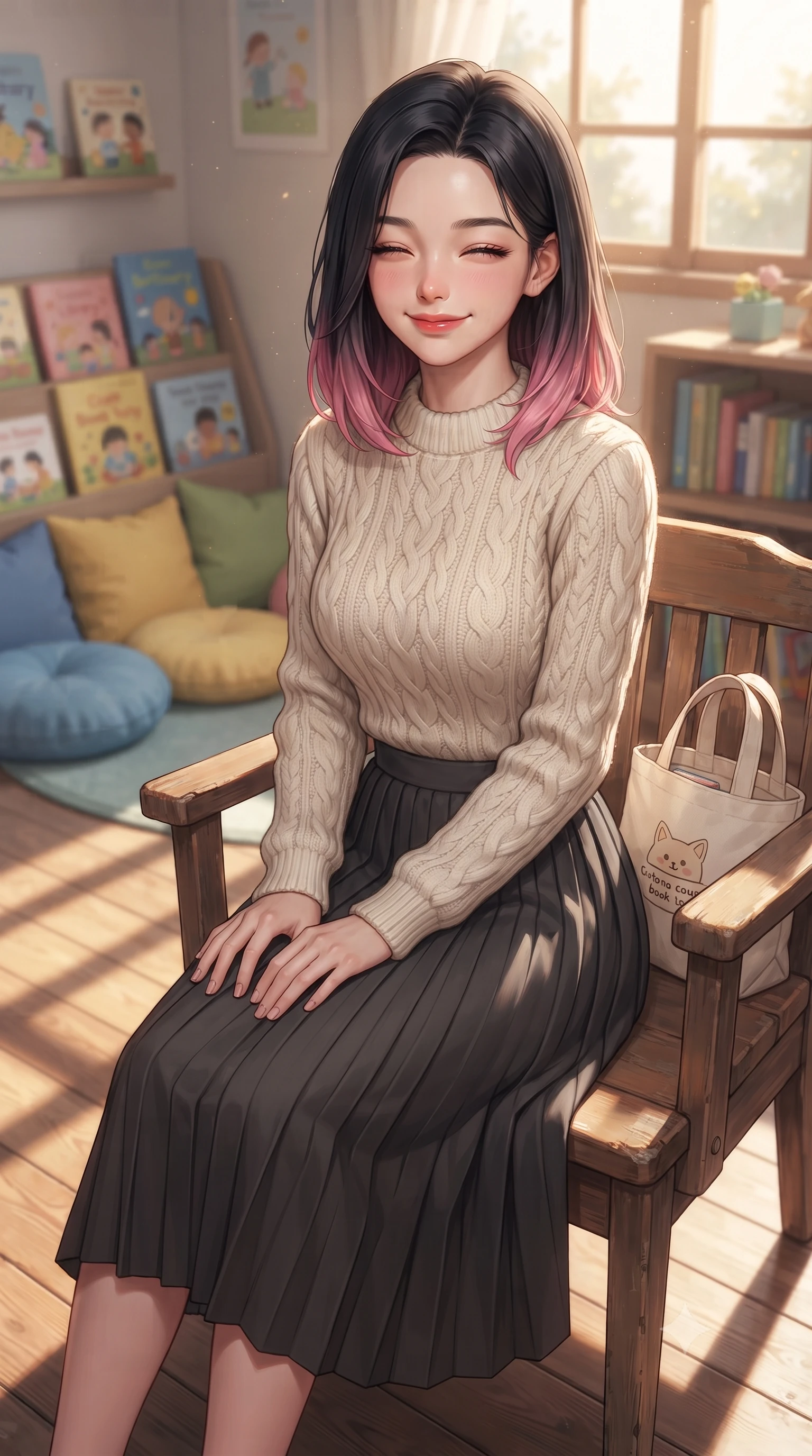 score_9, masterpiece, best quality, ultra-detailed, high-budget anime keyframe, editorial fashion photography, tasteful artistic composition, Korean woman. close-up cowboy shot from the waist and thighs up, the character dominates the composition, filling the frame with her large presence, background elements kept in soft focus. smiling happily with closed eyes, enjoying the warm sunbeams on her face set against a soft-focus background of in a neighborhood library children's corner with colorful pillows and low shelves with a cute canvas book tote bag sitting on the chair next to her. She has an exceptionally elegant, slender, and willowy female figure with an ultra-slim waist, a gracefully sculpted slender torso, and a refined silhouette. sharp v-shaped jawline, high-bridge nose, intricate jewel-like eyes with depth, thick eyelashes, glossy lips with a natural sheen. wearing form-contouring preppy cable-knit sweater in cream, paired with a pleated midi skirt in charcoal. soft morning sunbeams casting long shadows of window frames on the floor. highly saturated vibrant anime colors, detailed shading with soft gradients, rich glossy textures, high-contrast stereoscopic depth, volumetric dynamic lighting, master piece, 9:16 ratio