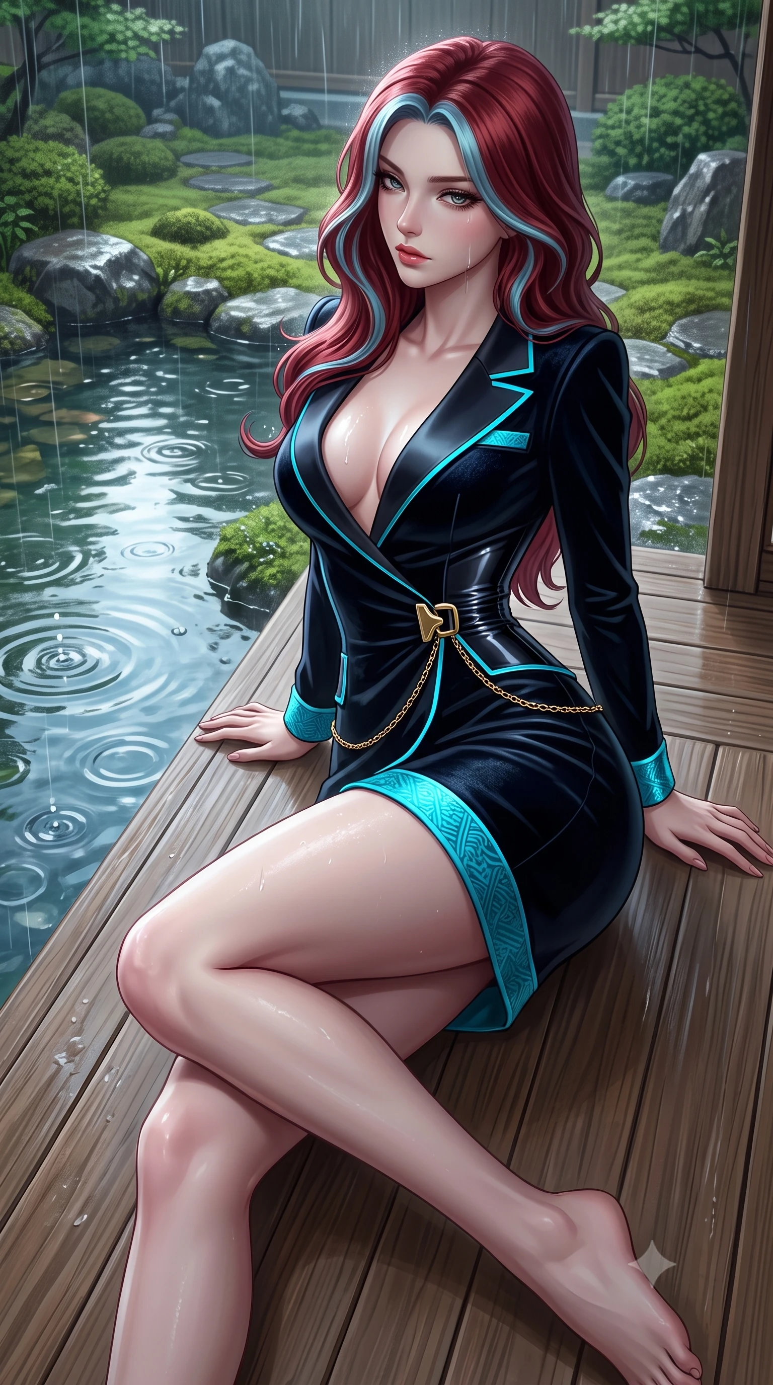 score_9, masterpiece, best quality, ultra-detailed, high-budget anime keyframe, semi-realistic 3D game render, editorial fashion photography, tasteful artistic composition, Caucasian woman. low angle full-body shot from head to toe showing her feet, filling the entire 9:16 vertical frame with her statuesque presence, stretching her vertical silhouette. reclining on her side in an elegant Cleopatra pose with one knee drawn up, the dramatic contour of her rounded hips and long slender legs commanding the 9:16 vertical frame while perching on the smooth cedar engawa veranda with knees drawn up, looking back over her shoulder as gentle rain taps the moss garden. The surrounding environment is rendered in vivid detail and crisp panoramic clarity. detailed silk kimono weave, garden pond ripple caustics, and water droplet clarity in high resolution. She has an exceptionally tall and slender model-like 8.5-heads proportion, an ultra-slim waist, a flat toned midriff, narrow delicate ribcage, and beautifully sculpted feminine hips creating a graceful, slim hourglass silhouette without any bulky heaviness, with impossibly long slender legs. sharp v-shaped jawline, high-bridge nose, intricate jewel-like eyes with depth, thick eyelashes, glossy parted lips with a natural sheen, intensely captivating and seductive bedroom-eyes expression, flawlessly proportioned anatomical accuracy, strict slender model proportions, natural body alignment, perfectly sculpted long slender limbs, ultra-slim waistline, clean dynamic posture without body distortion. wearing a tailored velvet tuxedo jacket dress with satin lapels, worn with a deep plunge neckline and gold hip buckle in neon electric cyan and lacquer black, tailored from second-skin aerodynamic stretch vinyl with specular wet sheen, accented with a delicate gold chain belt resting loosely on her curvy hips, the liquid-tight tailored fabric clinging flawlessly to her narrow waist and rounded feminine hips, emphasizing every millimeter of her sculpted slim hourglass curves without any bulky heaviness. illuminated by wet specular highlights accentuating her slender neckline, sculpted waist, and rounded hips. highly saturated vibrant anime colors, detailed shading with soft gradients, rich glossy textures, high-contrast stereoscopic depth, volumetric dynamic lighting, master piece, 9:16 ratio