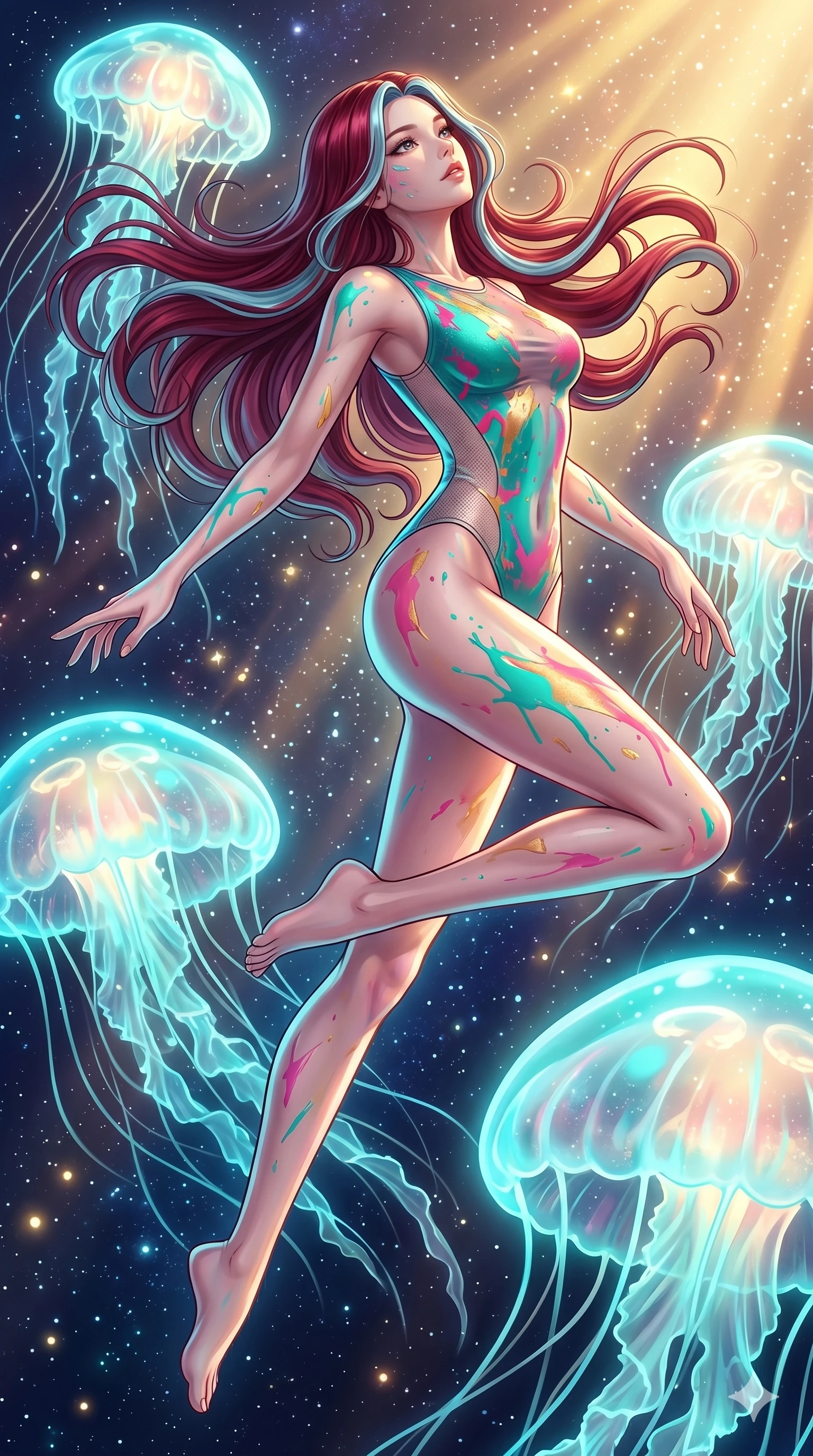 score_9, masterpiece, best quality, ultra-detailed, high-budget anime keyframe, Japanese woman. low angle full-body shot filling the entire 9:16 frame with her statuesque presence, stretching the vertical silhouette. swirling gracefully among the glowing ribbon-like tentacles of giant bioluminescent jellyfish floating in a starry sky garden. She has an absolutely perfect 8-heads proportion, an exceptionally tall and slender female figure with impossibly long slender legs and an ultra-slim waist. V-shaped jawline, high-bridge nose, intricate jewel-like eyes with depth, thick eyelashes, glossy lips with a natural sheen.. wearing a liquid acrylic splash bodysuit, featuring a skin-tight bodysuit that looks like vivid fluorescent acrylic paint splattered and dried, with sheer mesh side panels. showcasing a beautiful play of light and shadow, with warm golden rays clashing against cool cyan highlights. 2k, ultra detail, master piece, 9:16 ratio