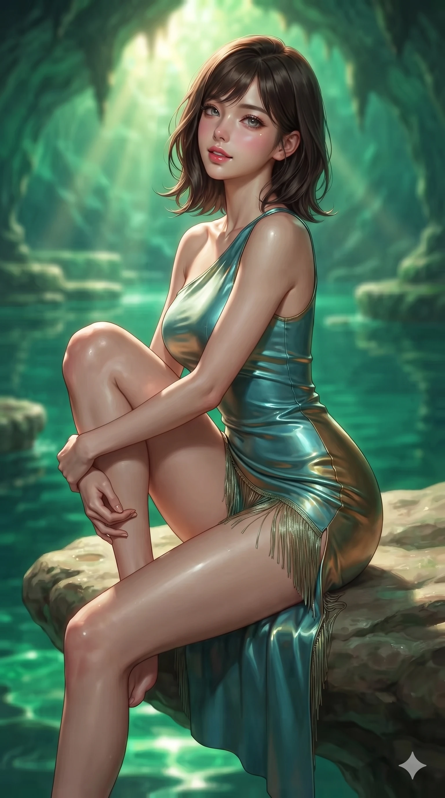 score_9, masterpiece, best quality, ultra-detailed, high-budget anime keyframe, editorial fashion photography, tasteful artistic composition, Korean woman. close-up cowboy shot from the waist and thighs up, the character dominates the composition, filling the frame with her large presence. perched sideways on the lounge seat, one knee drawn up to showcase her slender leg line while her arched back accentuates her feminine hip curve while standing poised on the rocky natural ledge inside the emerald grotto, arching her spine with supermodel poise as luminous green reflections dance across her silhouette. The background shows a soft-focus luminous emerald-green cavern water, submerged limestone ledges, and sunlight piercing cave portals blurred into jade, tourmaline, and gold bokeh. She has an exceptionally elegant, slender, and willowy female figure with an ultra-slim waist, flat toned midriff, narrow ribcage, and sculpted feminine hips creating an alluring, slim hourglass silhouette without bulk. sharp v-shaped jawline, high-bridge nose, sparkling eyes with hypnotic seductive depth, thick curled eyelashes, glossy parted lips with a natural dewy peach sheen, alluring bedroom-eyes with an enchanting coquettish smile, exuding magnetic siren charisma and sophisticated glamour, flawlessly proportioned anatomical accuracy, strict slender model proportions, natural body alignment, perfectly sculpted long slender limbs, ultra-slim waistline, clean dynamic posture without body distortion. wearing an asymmetric one-shoulder metallic leather mini dress with a dramatic side slit hugging her narrow waist and hips in turquoise patina and burnished vintage brass, tailored from smooth liquid silk satin that clings smoothly to her narrow waist and rounded hips with a dewy sheen, finished with a delicate silk fringe trim fluttering along her hip line with kinetic charm, the glove-like clinging cut tightly following the natural contour of her hips and long slender legs with youthful 8.5-heads elegance. illuminated by jade water bounce and sharp golden-emerald rim lights defining her razor-sharp jawline, narrow waist, and curvy hips. ultra-reflective glossy finish, specular highlights, rich textural contrasts, high-contrast stereoscopic depth, volumetric dynamic lighting, 2k, ultra detail, master piece, 9:16 ratio