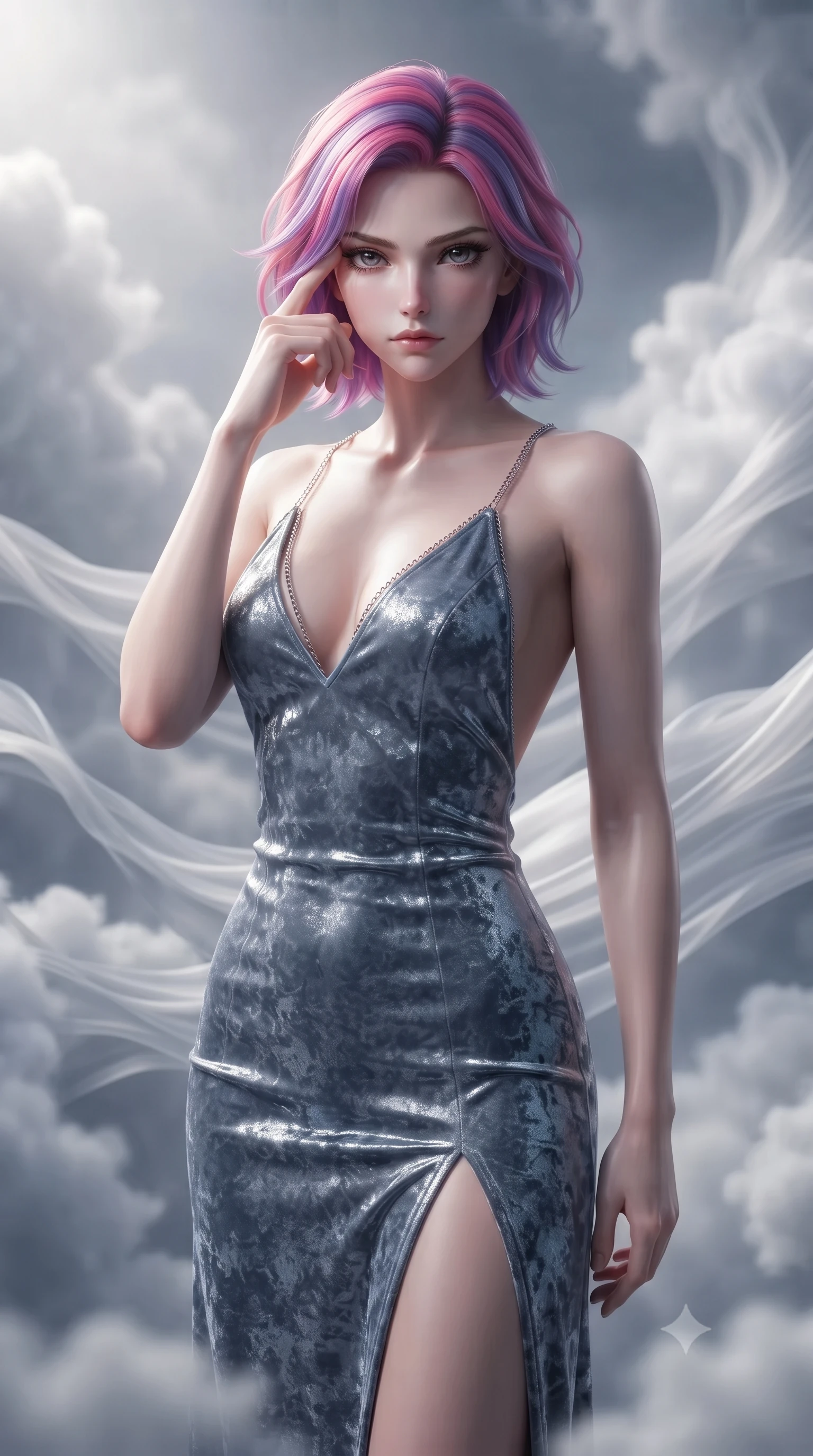 score_9, masterpiece, best quality, ultra-detailed, high-budget anime keyframe, editorial fashion photography, tasteful artistic composition, Caucasian woman. close-up cowboy shot from the waist and thighs up, the character dominates the composition, filling the frame with her large presence, background elements kept in soft focus. Pressing two fingers to her temple in a composed thoughtful gesture with an air of magnetic charisma standing inside a floating cloud chamber where soft white storm clouds knot into silk threads, fine cloud threads weaving together into fluid ribbons in mid-air. She has an exceptionally elegant, slender, and willowy female figure with an ultra-slim waist, a gracefully sculpted slender torso, and a refined silhouette. sharp v-shaped jawline, high-bridge nose, intricate jewel-like eyes with depth, thick eyelashes, glossy lips with a natural sheen. wearing a backless crushed velvet gown with a deep V-neckline and high thigh slit in slate blue and metallic silver, made of premium stretch velvet with a rich sheen, adorned with delicate metallic chain straps along the neckline, the sleek second-skin texture accentuating her magnetic presence. surrounded by a majestic, atmospheric sky aura with soft gradients. ultra-reflective glossy finish, specular highlights, metallic sheen, high-contrast stereoscopic depth, volumetric dynamic lighting, 2k, ultra detail, master piece, 9:16 ratio